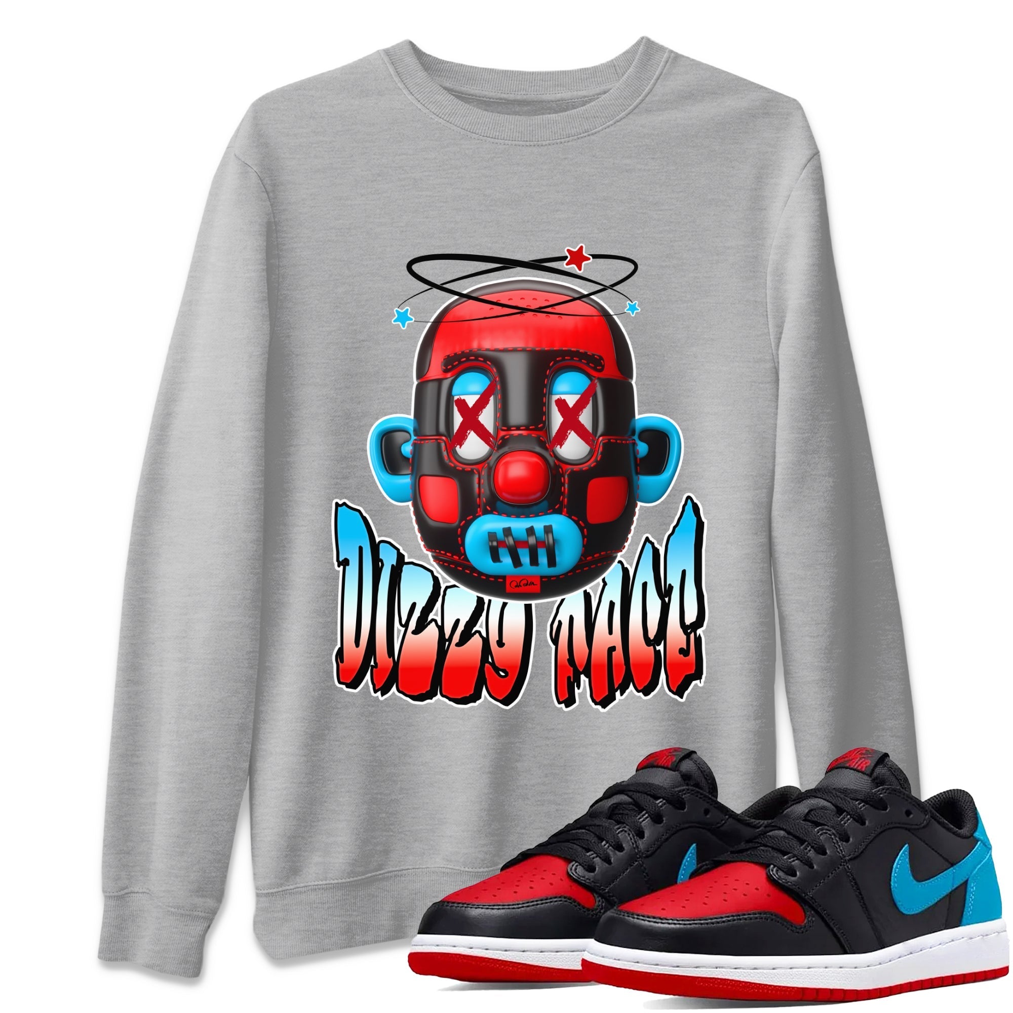 Air Jordan 1 UNC to Chicago Sneaker Match Tees Dizzy Face Streetwear Sneaker Shirt AJ1 UNC to Chicago Sneaker Release Tees Unisex Shirts Heather Grey 1