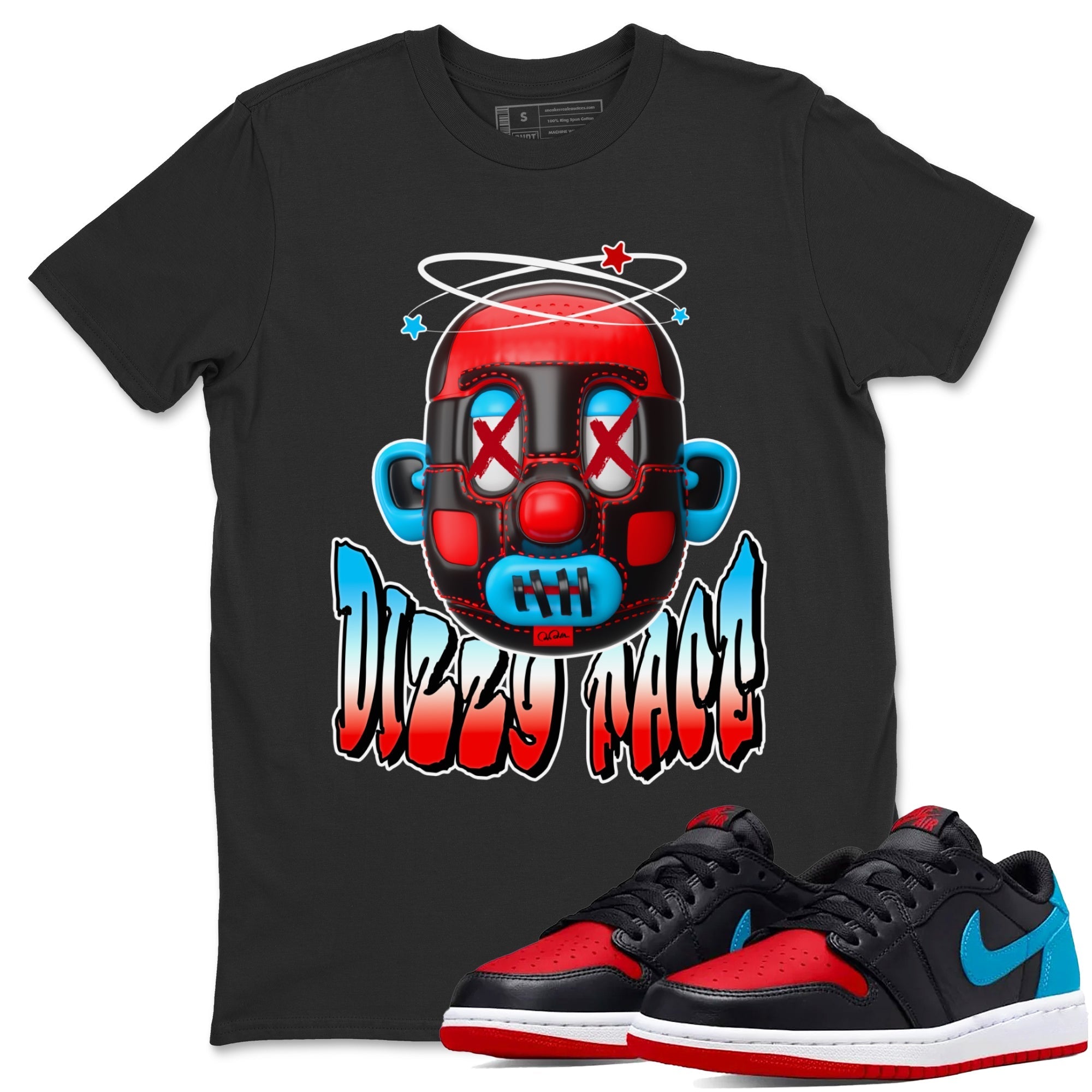 Air Jordan 1 UNC to Chicago Sneaker Match Tees Dizzy Face Streetwear Sneaker Shirt AJ1 UNC to Chicago Sneaker Release Tees Unisex Shirts Black 1