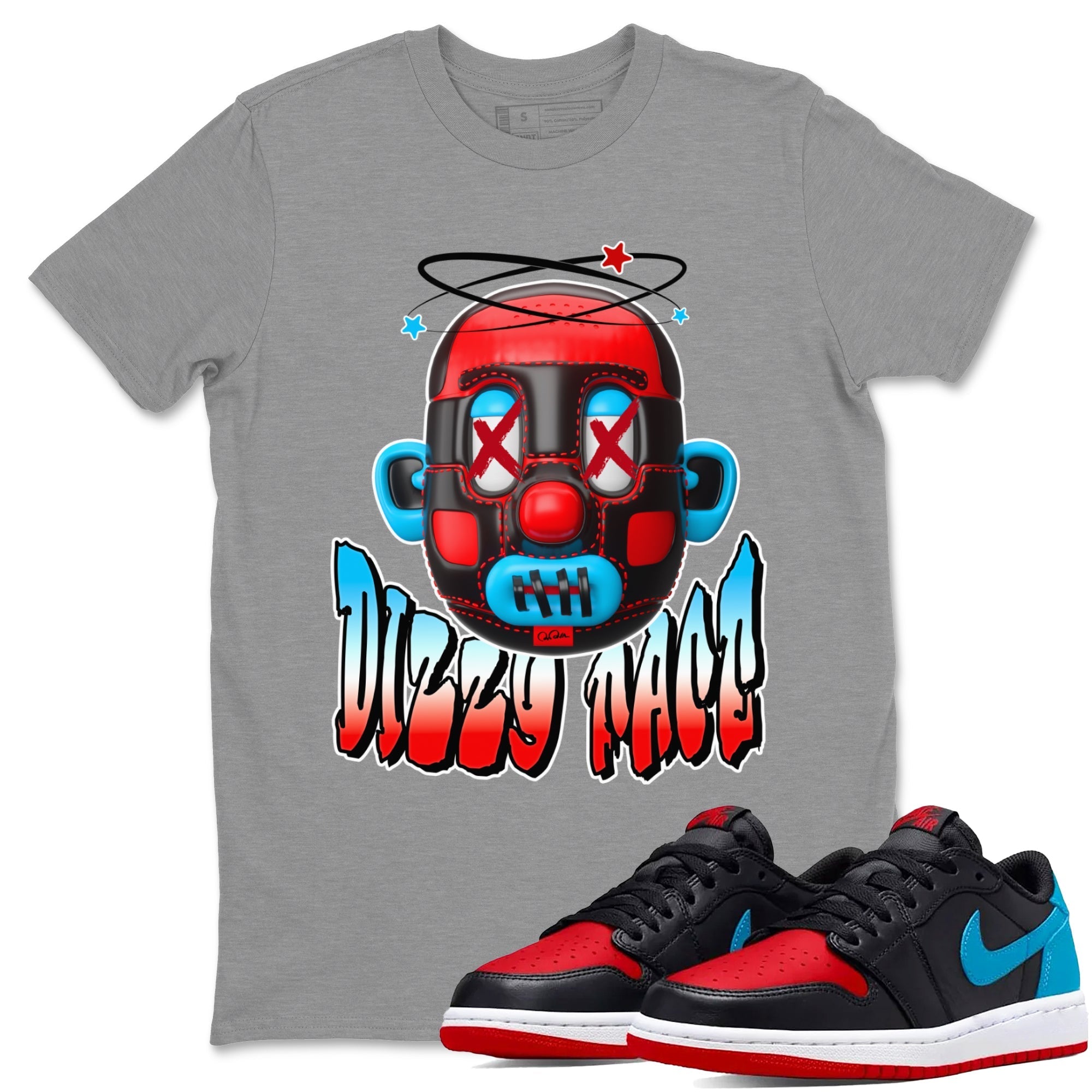 Air Jordan 1 UNC to Chicago Sneaker Match Tees Dizzy Face Streetwear Sneaker Shirt AJ1 UNC to Chicago Sneaker Release Tees Unisex Shirts Heather Grey 1