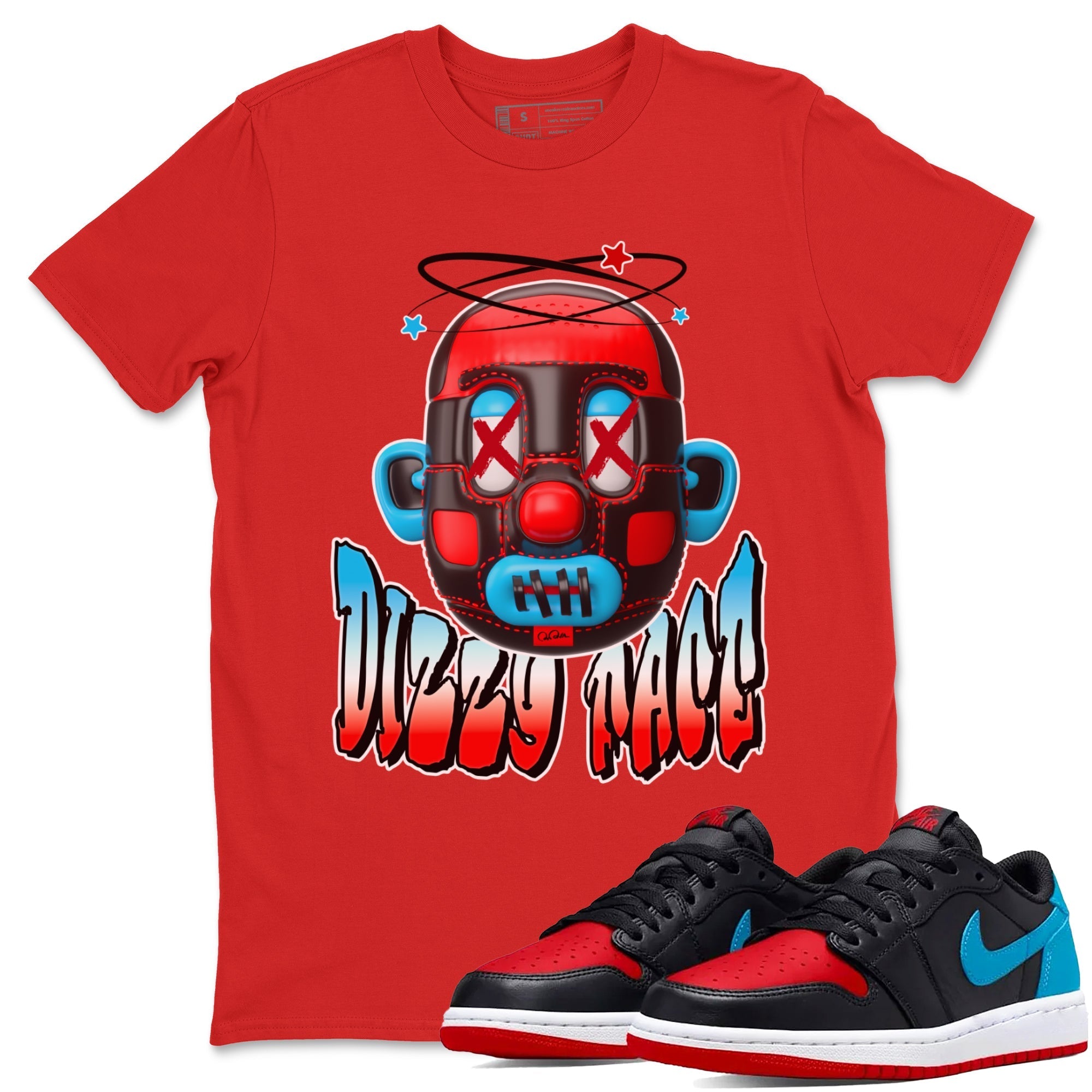 Air Jordan 1 UNC to Chicago Sneaker Match Tees Dizzy Face Streetwear Sneaker Shirt AJ1 UNC to Chicago Sneaker Release Tees Unisex Shirts Red 1