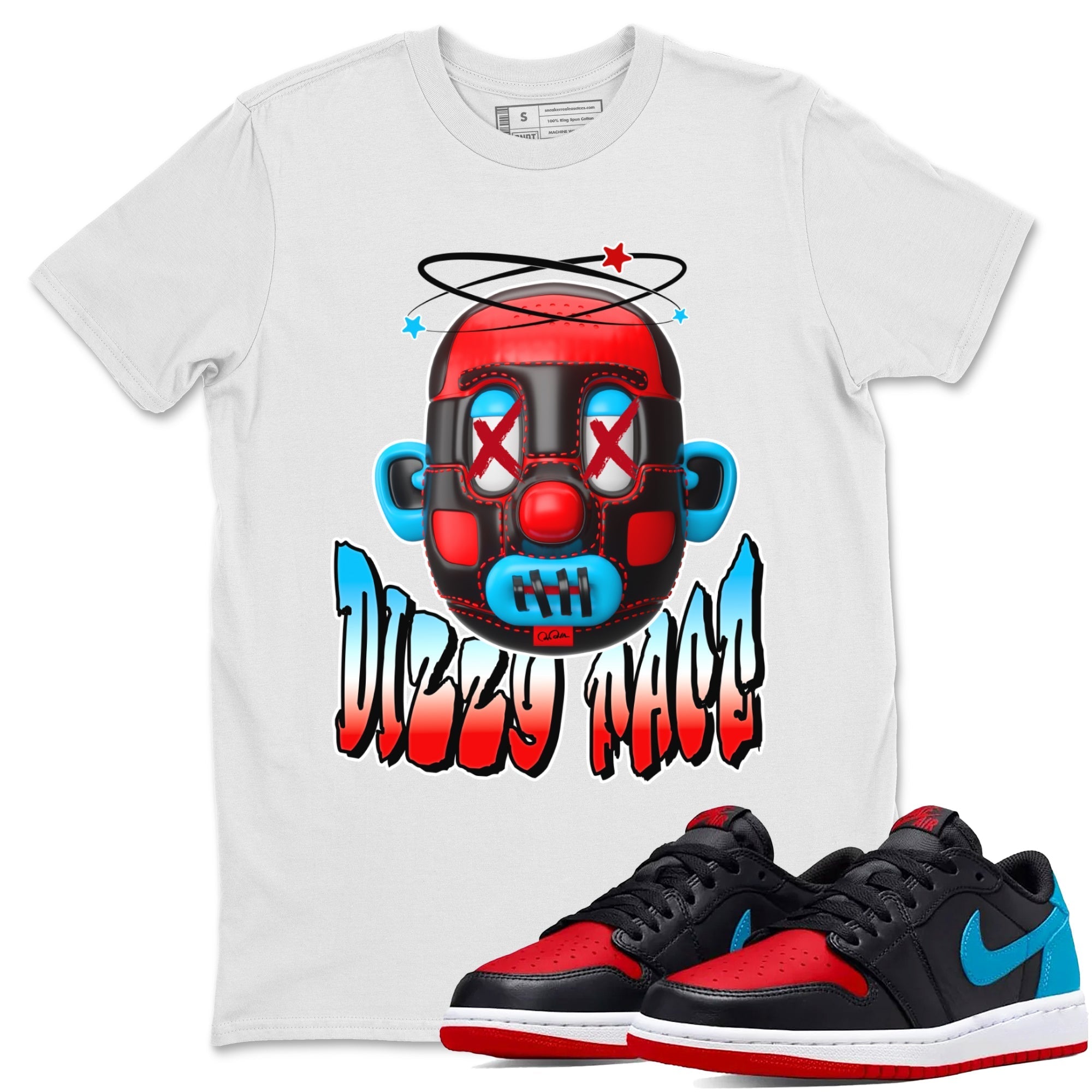 Air Jordan 1 UNC to Chicago Sneaker Match Tees Dizzy Face Streetwear Sneaker Shirt AJ1 UNC to Chicago Sneaker Release Tees Unisex Shirts White 1