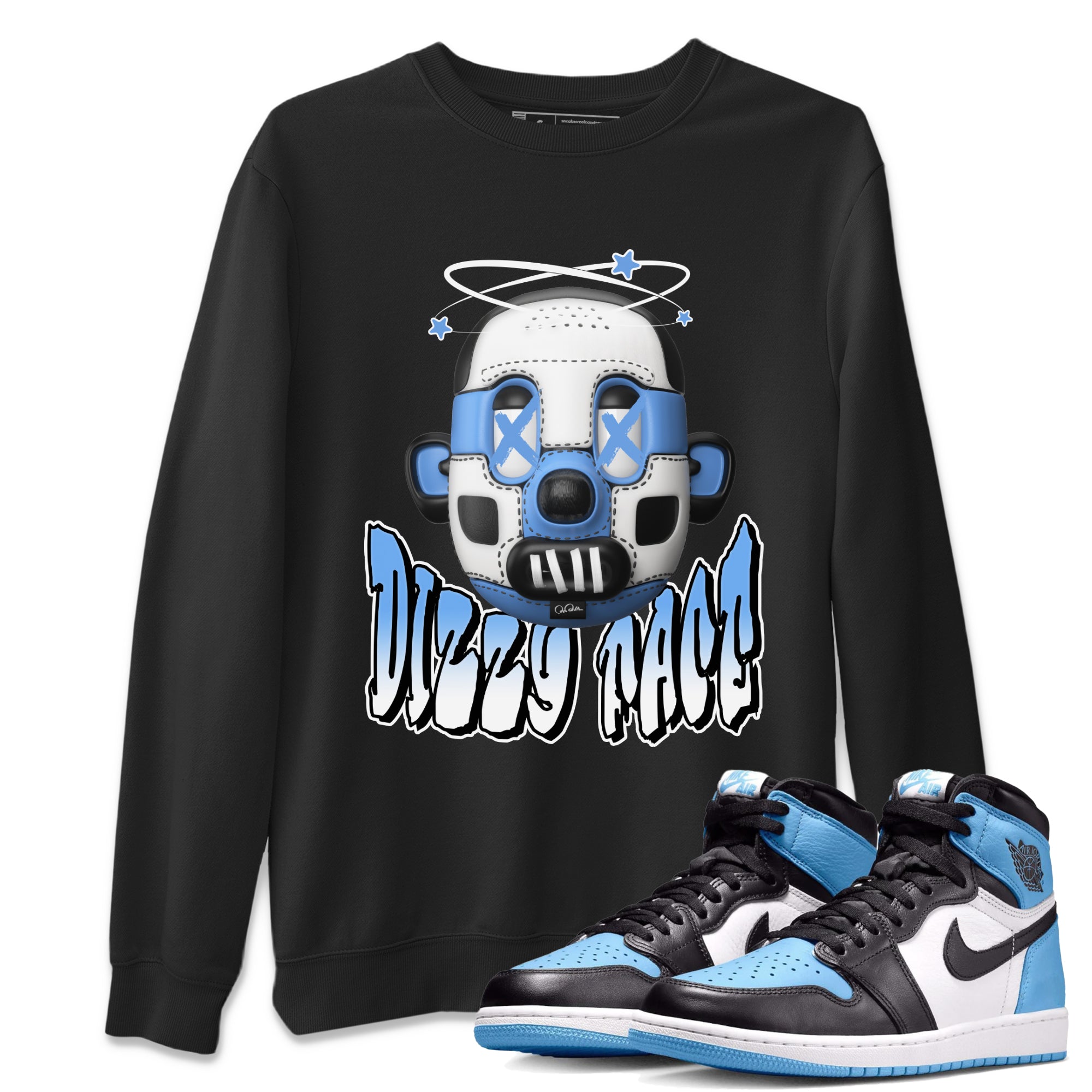Air Jordan 1 Retro High OG UNC Toe Shirt to match Jordans Dizzy Face Streetwear Sneaker Shirt AJ1 UNC Toe Drip Gear Zone Sneaker Matching Clothing Crew Neck T-Shirts Black 1