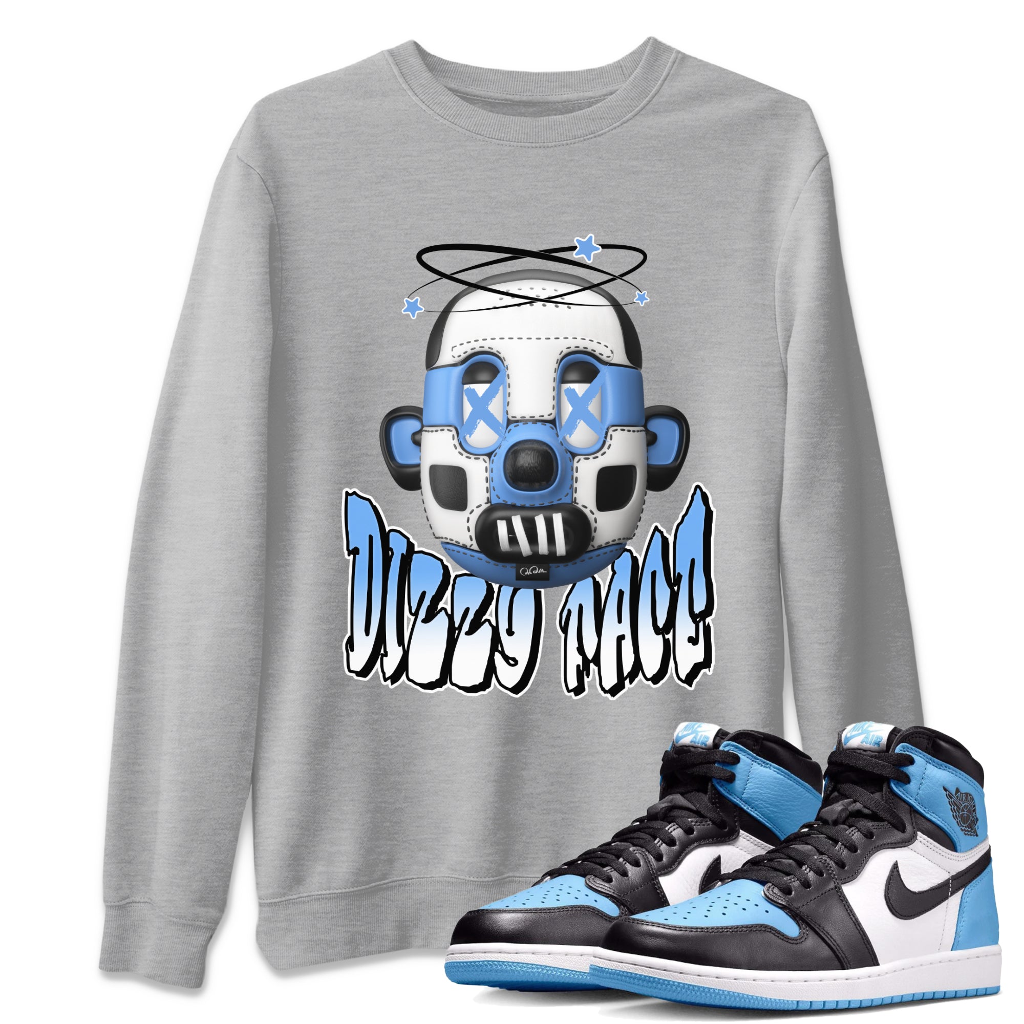 Air Jordan 1 Retro High OG UNC Toe Shirt to match Jordans Dizzy Face Streetwear Sneaker Shirt AJ1 UNC Toe Drip Gear Zone Sneaker Matching Clothing Crew Neck T-Shirts Heather Grey 1