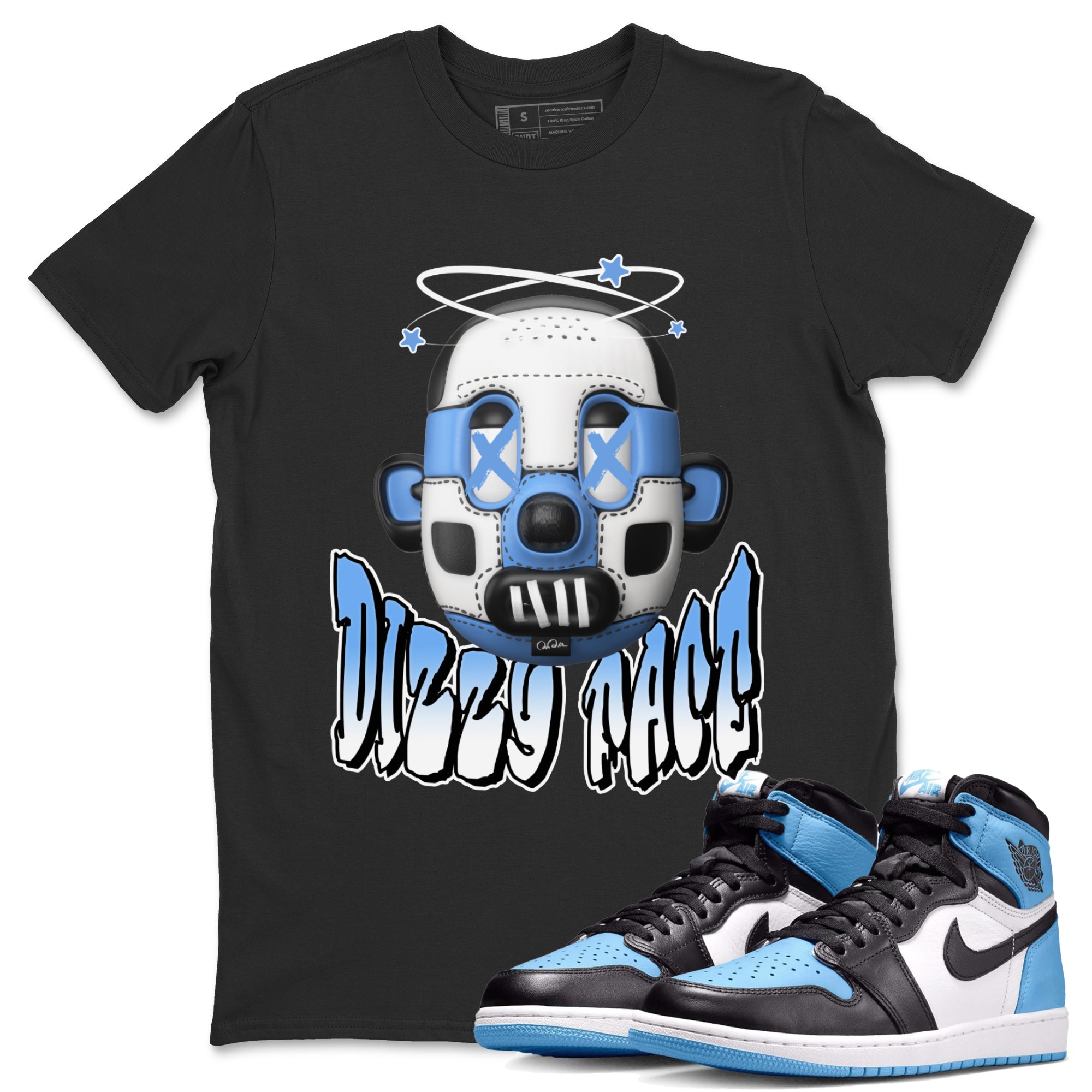 Air Jordan 1 Retro High OG UNC Toe Shirt to match Jordans Dizzy Face Streetwear Sneaker Shirt AJ1 UNC Toe Drip Gear Zone Sneaker Matching Clothing Crew Neck T-Shirts Black 1