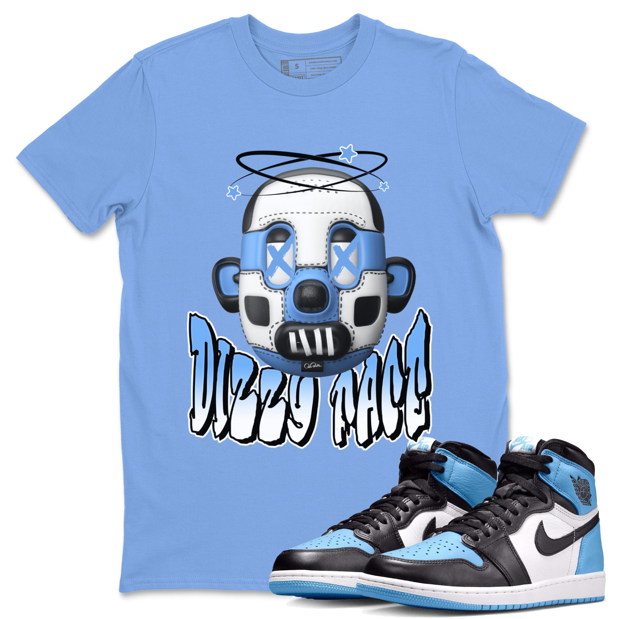 Air Jordan 1 Retro High OG UNC Toe Shirt to match Jordans Dizzy Face Streetwear Sneaker Shirt AJ1 UNC Toe Drip Gear Zone Sneaker Matching Clothing Crew Neck T-Shirts Carolina Blue 1