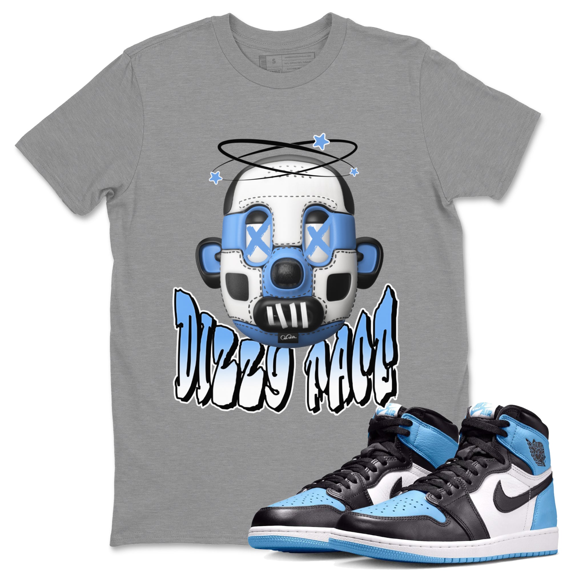 Air Jordan 1 Retro High OG UNC Toe Shirt to match Jordans Dizzy Face Streetwear Sneaker Shirt AJ1 UNC Toe Drip Gear Zone Sneaker Matching Clothing Crew Neck T-Shirts Heather Grey 1