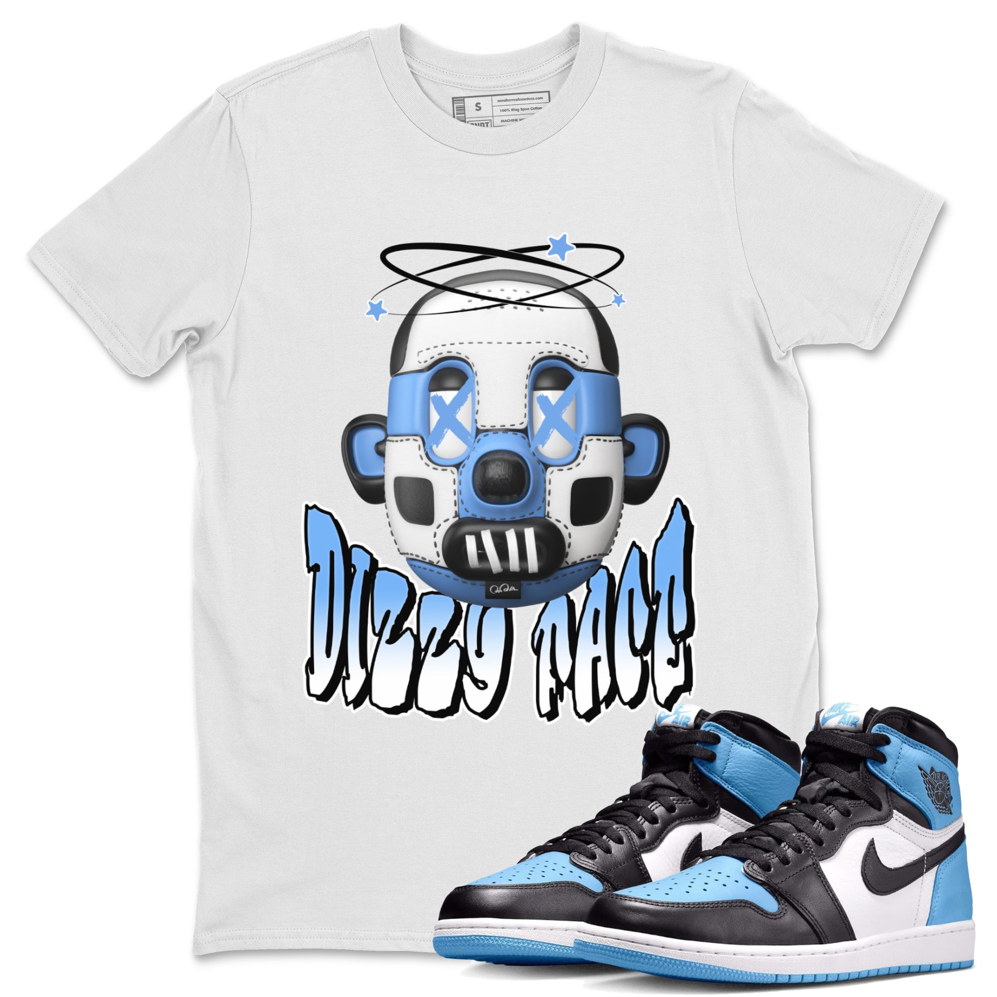 Air Jordan 1 Retro High OG UNC Toe Shirt to match Jordans Dizzy Face Streetwear Sneaker Shirt AJ1 UNC Toe Drip Gear Zone Sneaker Matching Clothing Crew Neck T-Shirts White 1