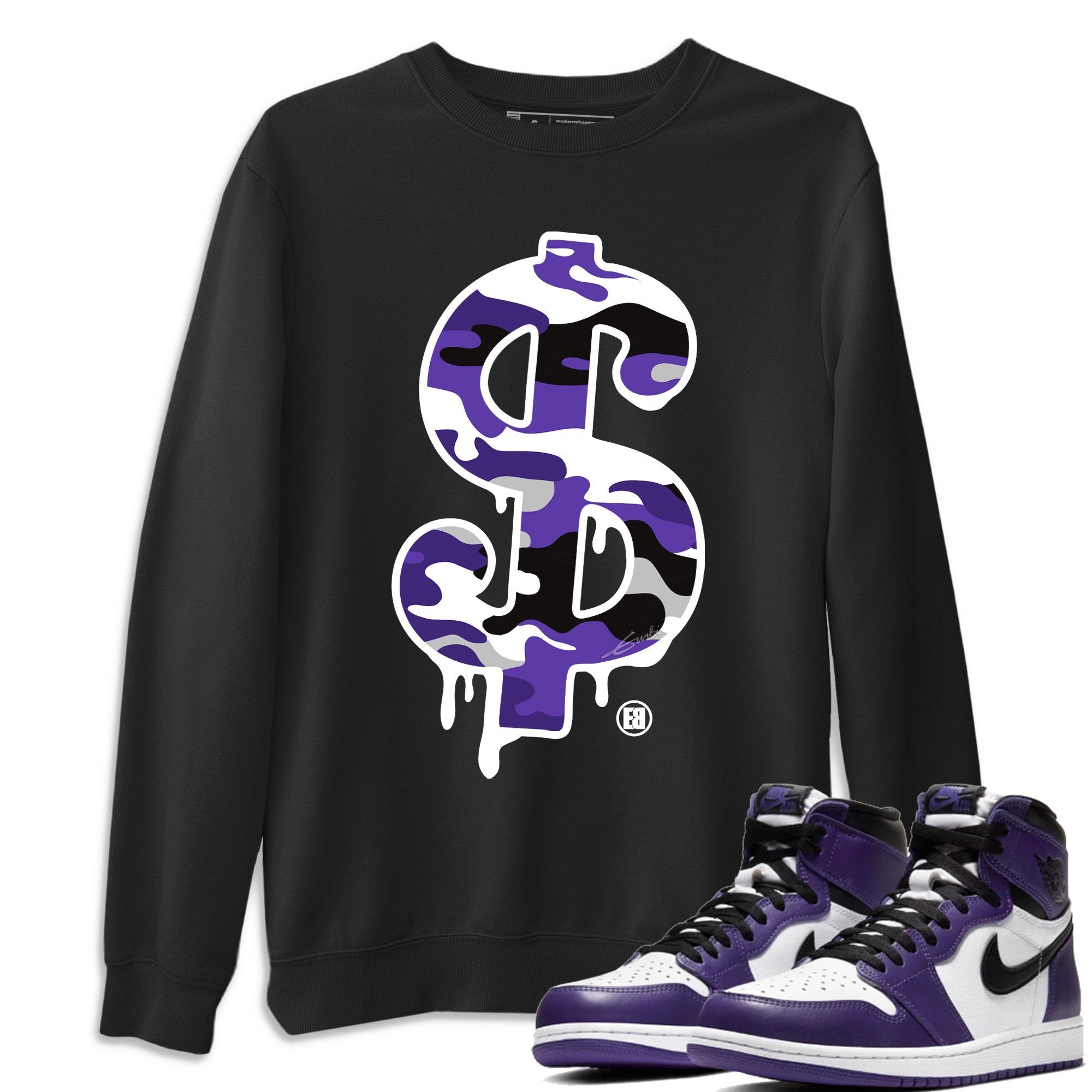 Jordan 1 Court Purple Sneaker Matching T-Shirt Dollar Camo Sneaker Tees Jordan 1 Court Purple Sneaker Release Tees Crew Neck Tees