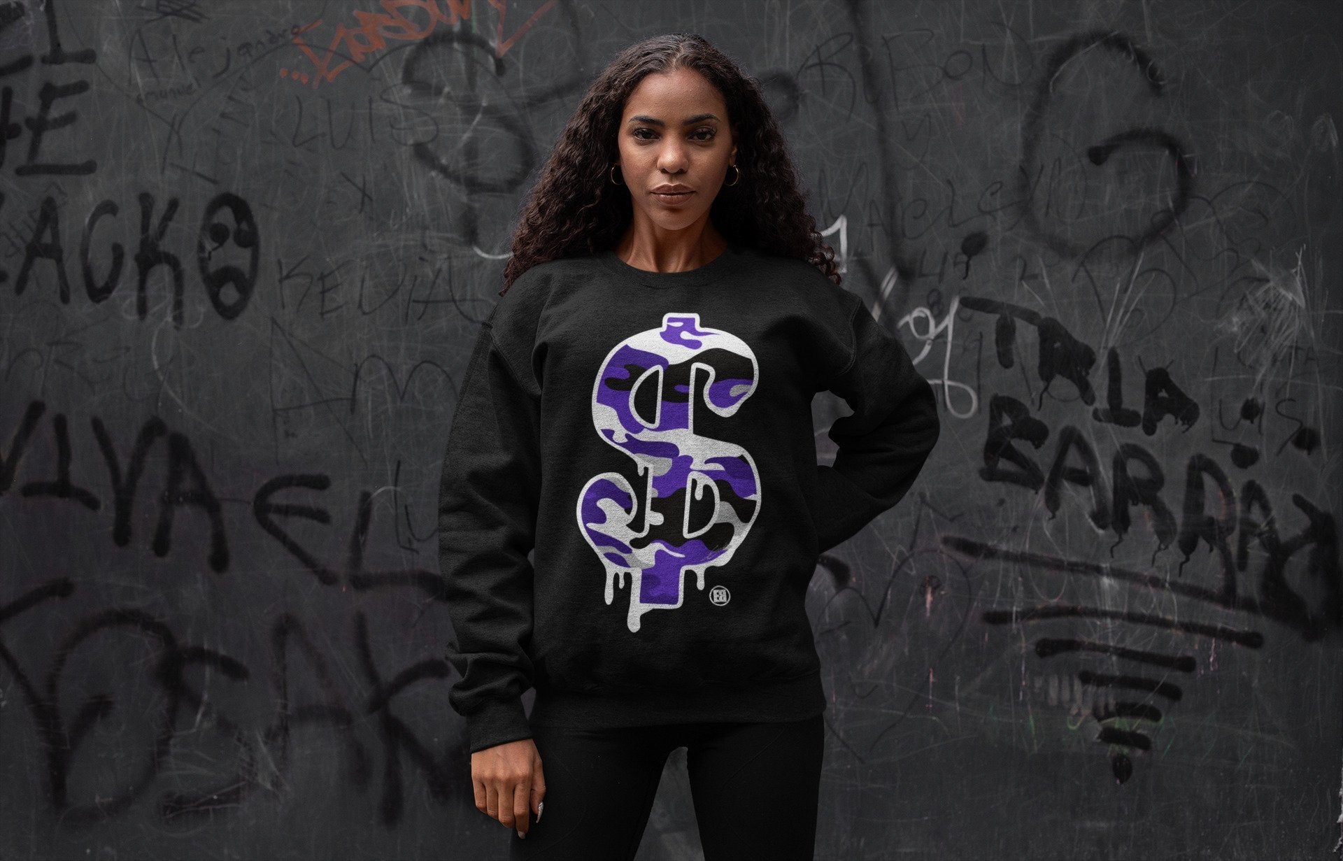 Jordan 1 Court Purple Sneaker Matching T-Shirt Dollar Camo Sneaker Tees Jordan 1 Court Purple Sneaker Release Tees Crew Neck Tees