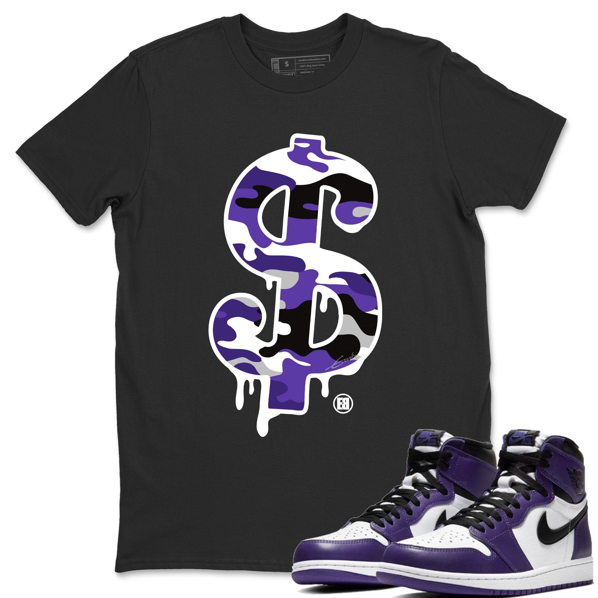 Jordan 1 Court Purple Sneaker Matching T-Shirt Dollar Camo Sneaker Tees Jordan 1 Court Purple Sneaker Release Tees Crew Neck Tees