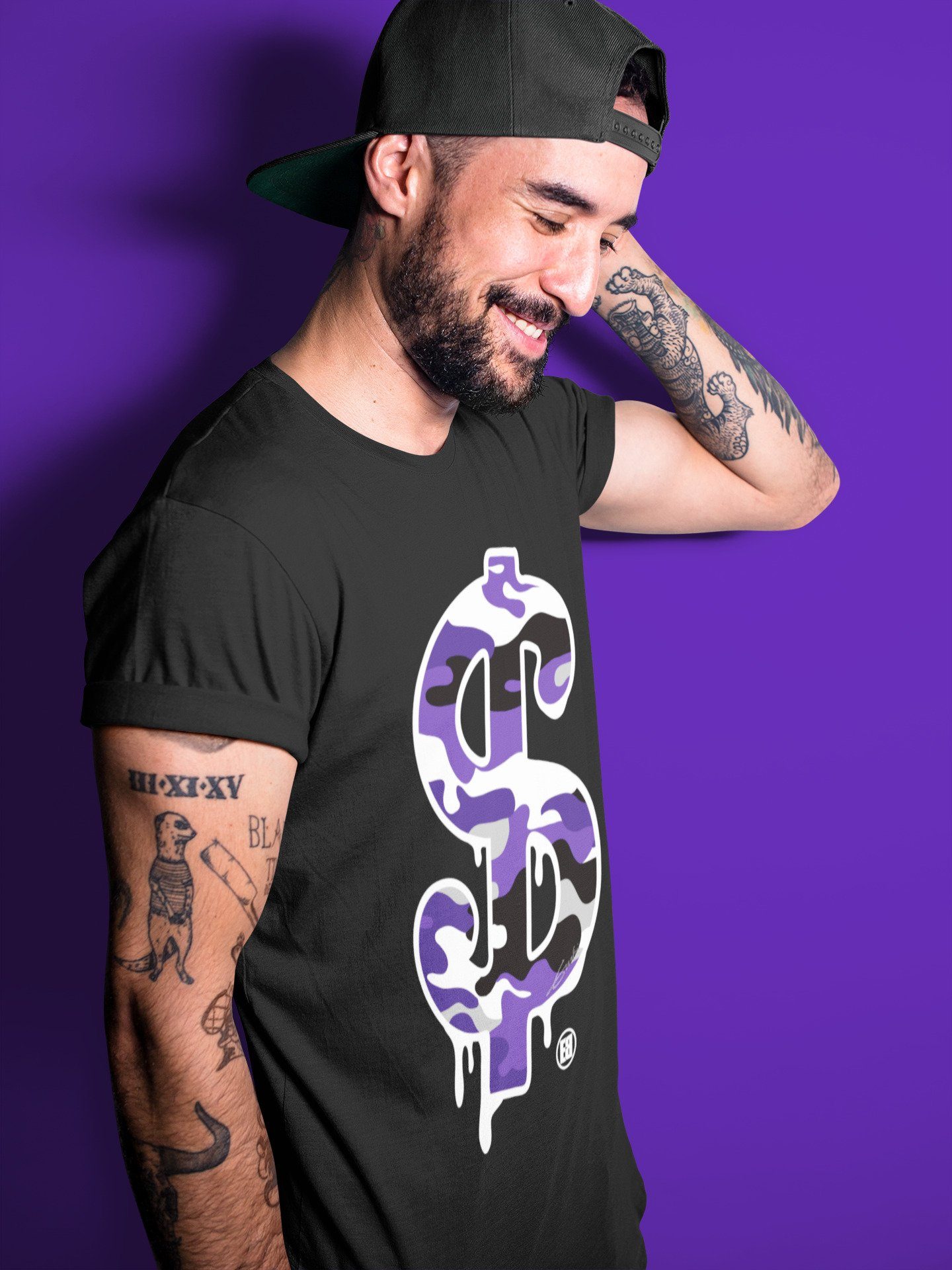 Jordan 1 Court Purple Sneaker Matching T-Shirt Dollar Camo Sneaker Tees Jordan 1 Court Purple Sneaker Release Tees Crew Neck Tees