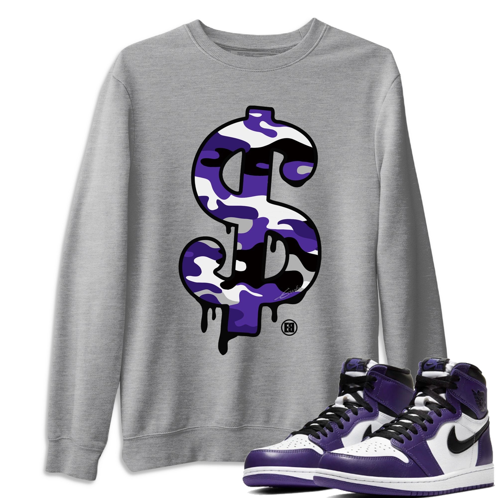 Jordan 1 Court Purple Sneaker Matching T-Shirt Dollar Camo Sneaker Tees Jordan 1 Court Purple Sneaker Release Tees Crew Neck Tees