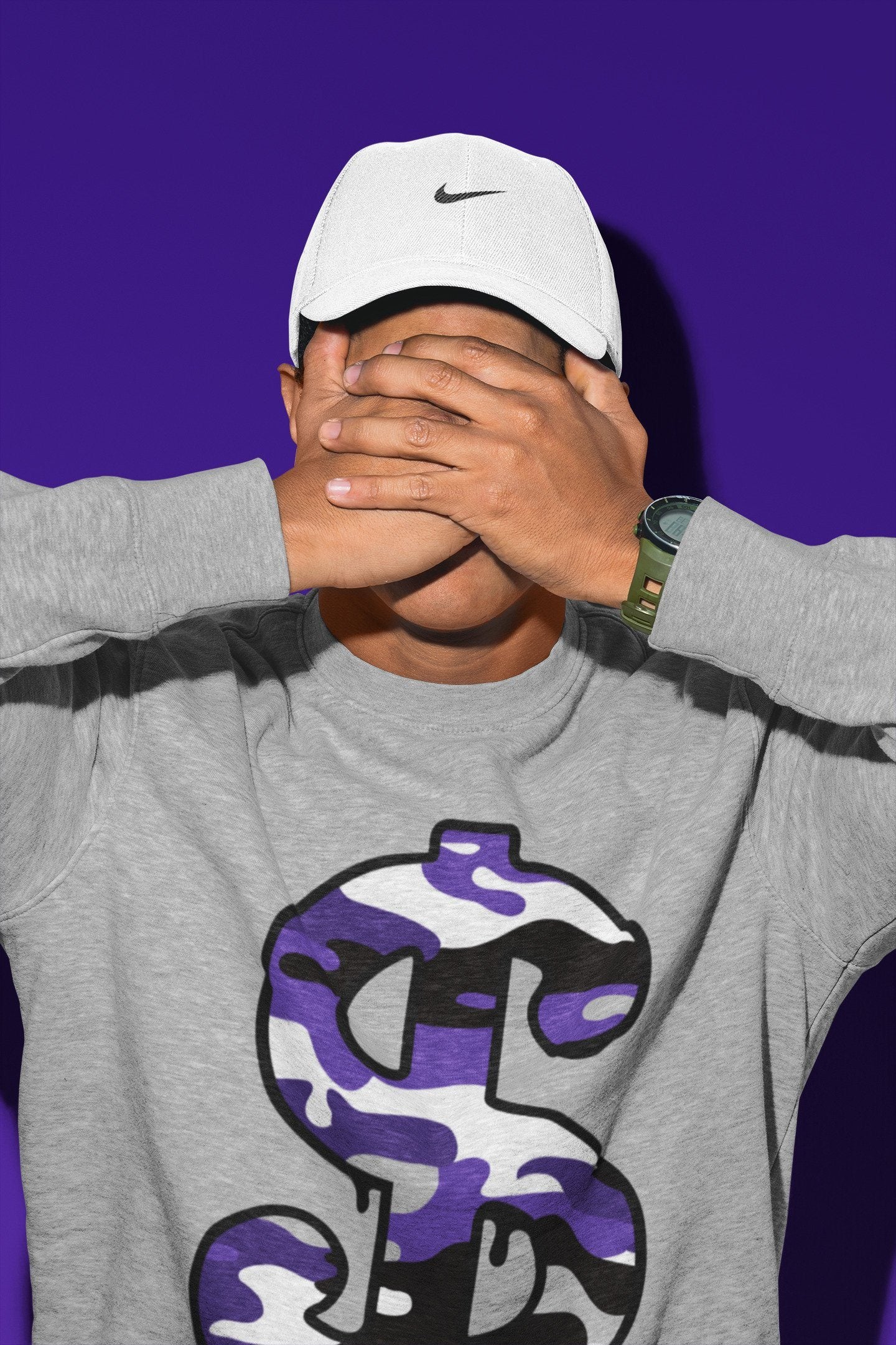 Jordan 1 Court Purple Sneaker Matching T-Shirt Dollar Camo Sneaker Tees Jordan 1 Court Purple Sneaker Release Tees Crew Neck Tees