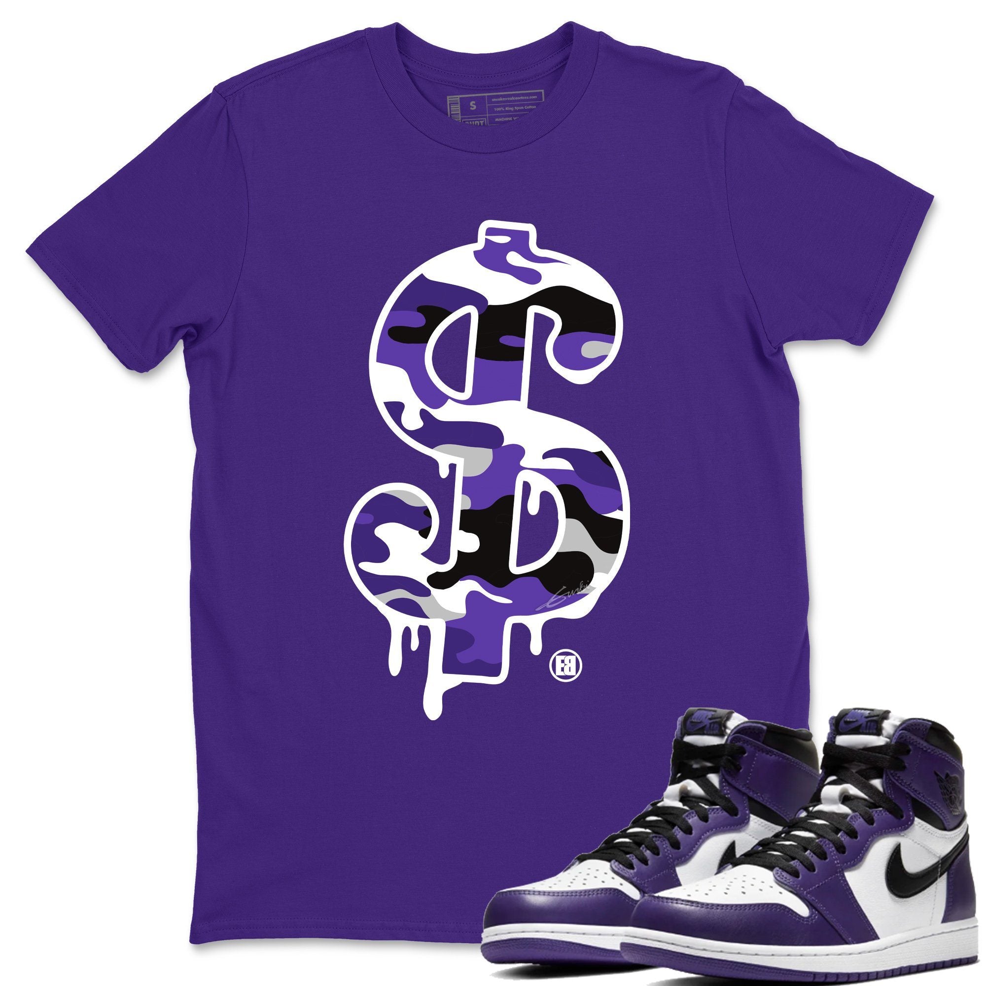 Jordan 1 Court Purple Sneaker Matching T-Shirt Dollar Camo Sneaker Tees Jordan 1 Court Purple Sneaker Release Tees Crew Neck Tees