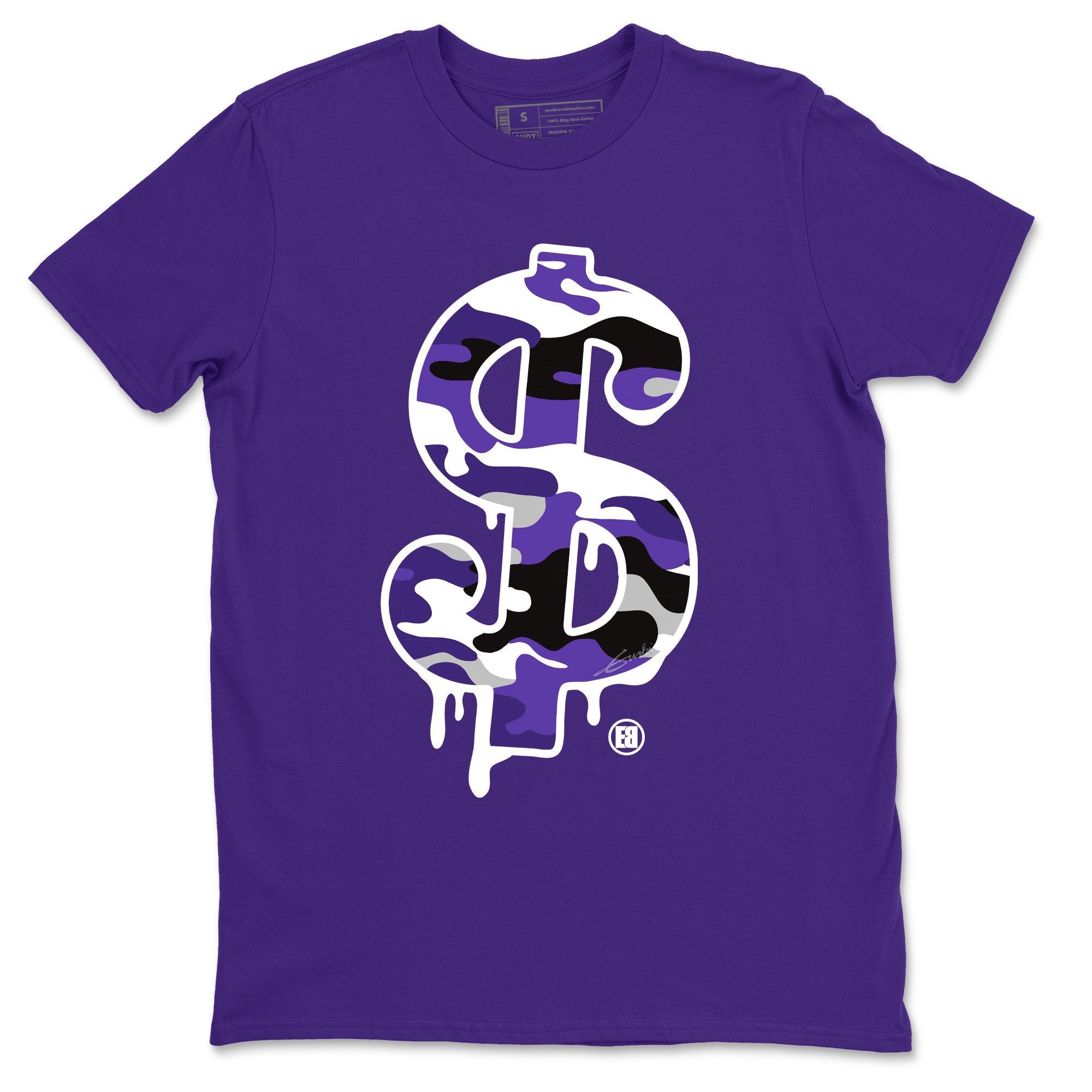 Jordan 1 Court Purple Sneaker Matching T-Shirt Dollar Camo Sneaker Tees Jordan 1 Court Purple Sneaker Release Tees Crew Neck Tees