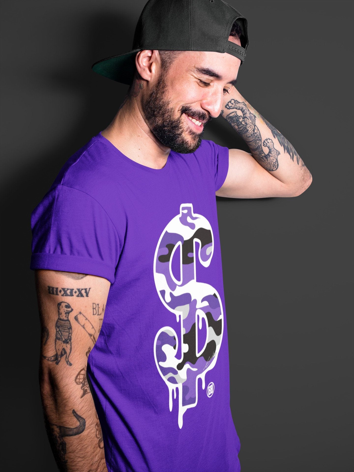 Jordan 1 Court Purple Sneaker Matching T-Shirt Dollar Camo Sneaker Tees Jordan 1 Court Purple Sneaker Release Tees Crew Neck Tees