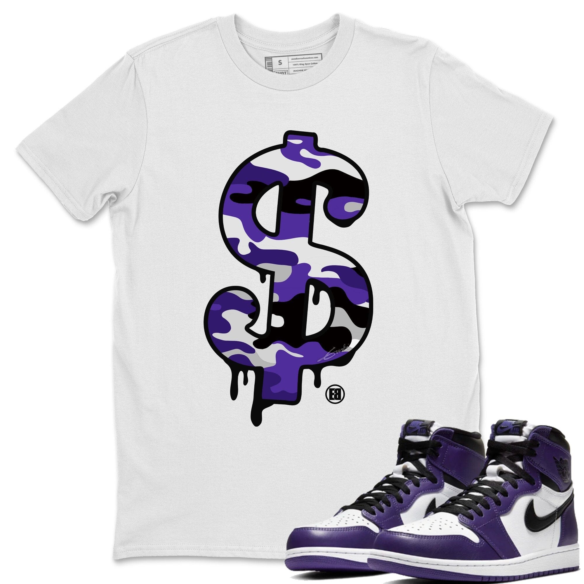 Jordan 1 Court Purple Sneaker Matching T-Shirt Dollar Camo Sneaker Tees Jordan 1 Court Purple Sneaker Release Tees Crew Neck Tees