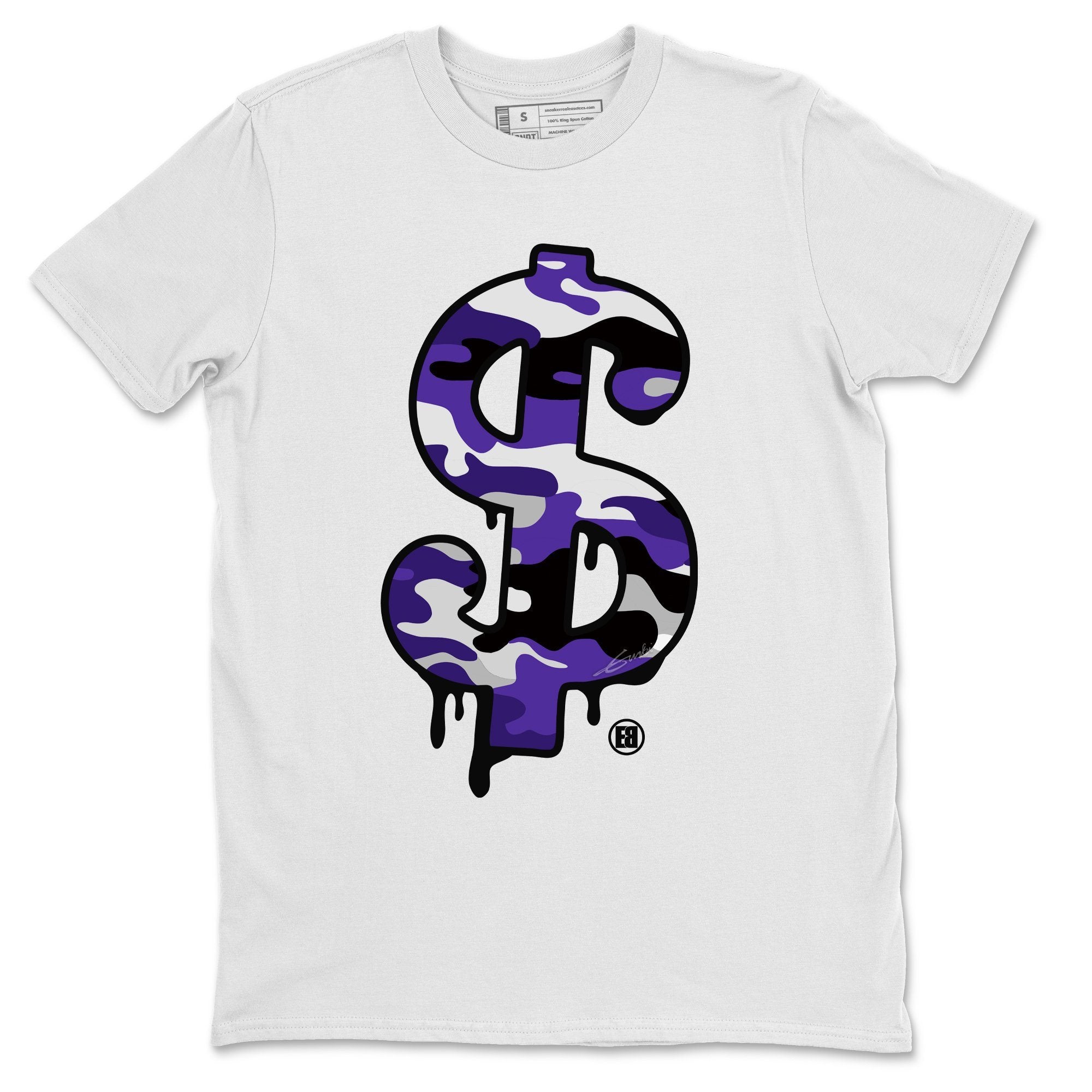 Jordan 1 Court Purple Sneaker Matching T-Shirt Dollar Camo Sneaker Tees Jordan 1 Court Purple Sneaker Release Tees Crew Neck Tees