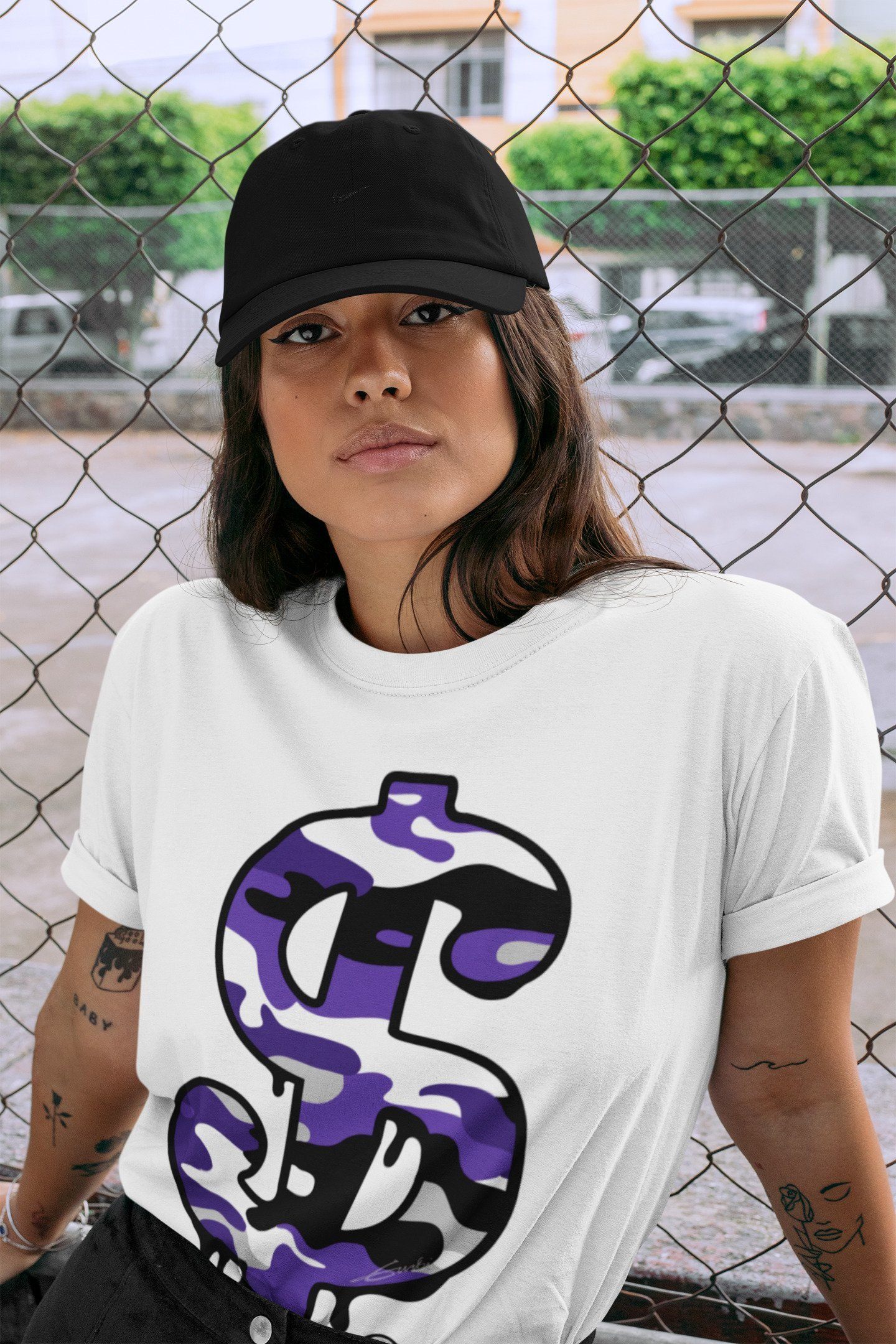 Jordan 1 Court Purple Sneaker Matching T-Shirt Dollar Camo Sneaker Tees Jordan 1 Court Purple Sneaker Release Tees Crew Neck Tees