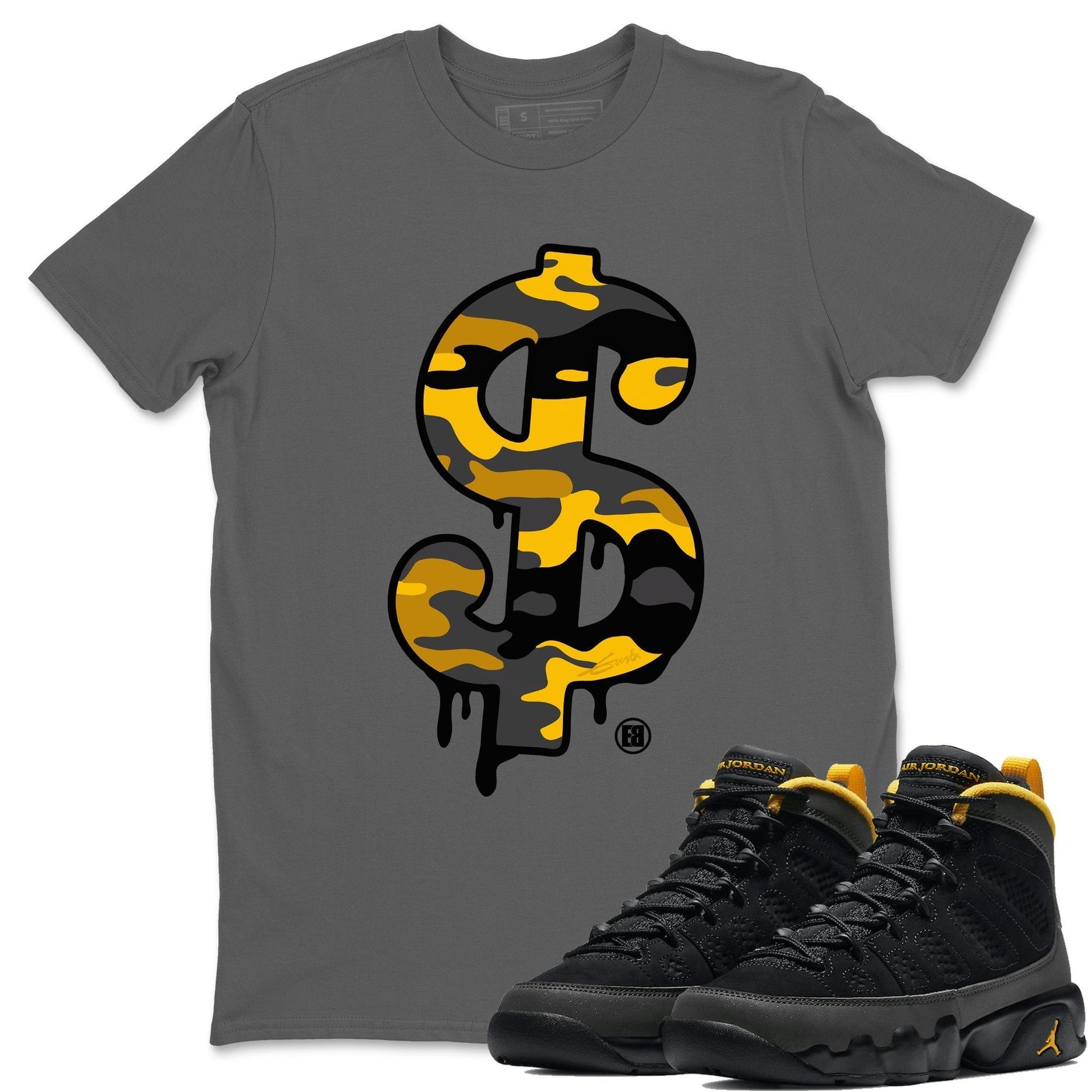 Jordan 9 University Gold Shirt To Match Jordans Dollar Camo Sneaker Tees Jordan 9 University Gold Drip Gear Zone Sneaker Matching Clothing Unisex Shirts