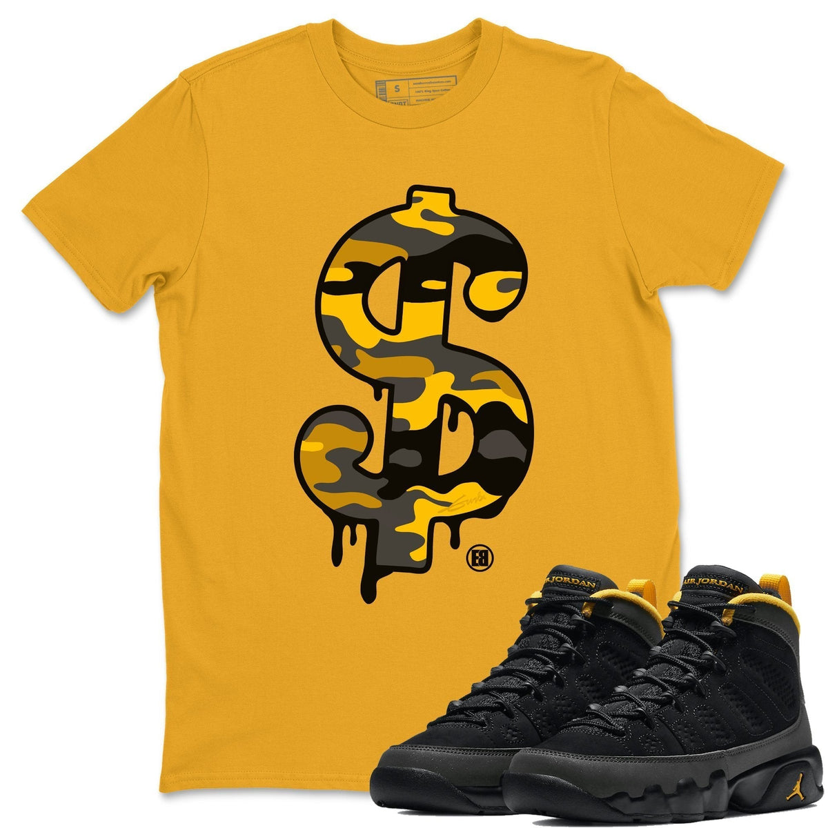 Jordan 9 University Gold Shirt To Match Jordans Dollar Camo Sneaker Tees Jordan 9 University Gold Drip Gear Zone Sneaker Matching Clothing Unisex Shirts