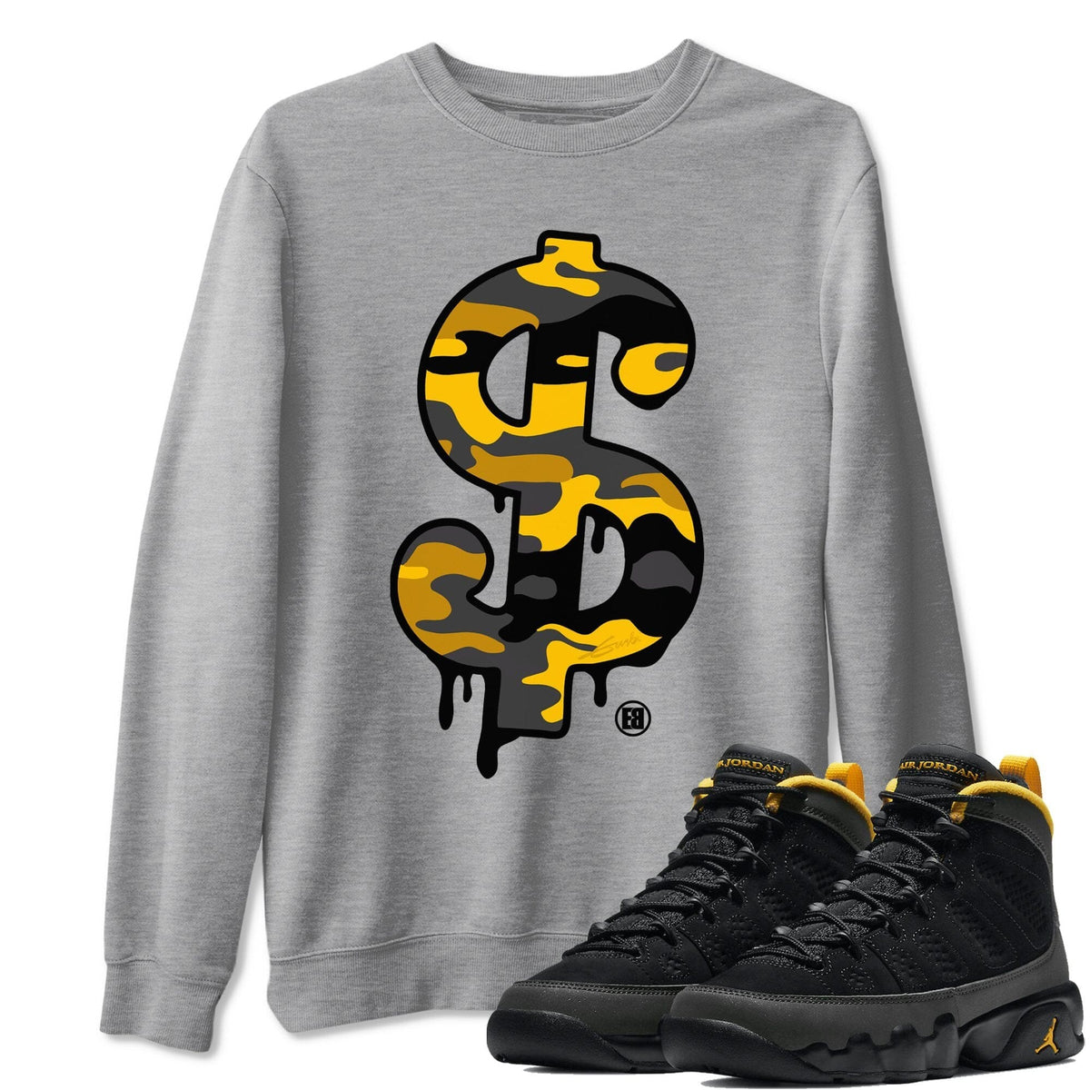 Jordan 9 University Gold Shirt To Match Jordans Dollar Camo Sneaker Tees Jordan 9 University Gold Drip Gear Zone Sneaker Matching Clothing Unisex Shirts