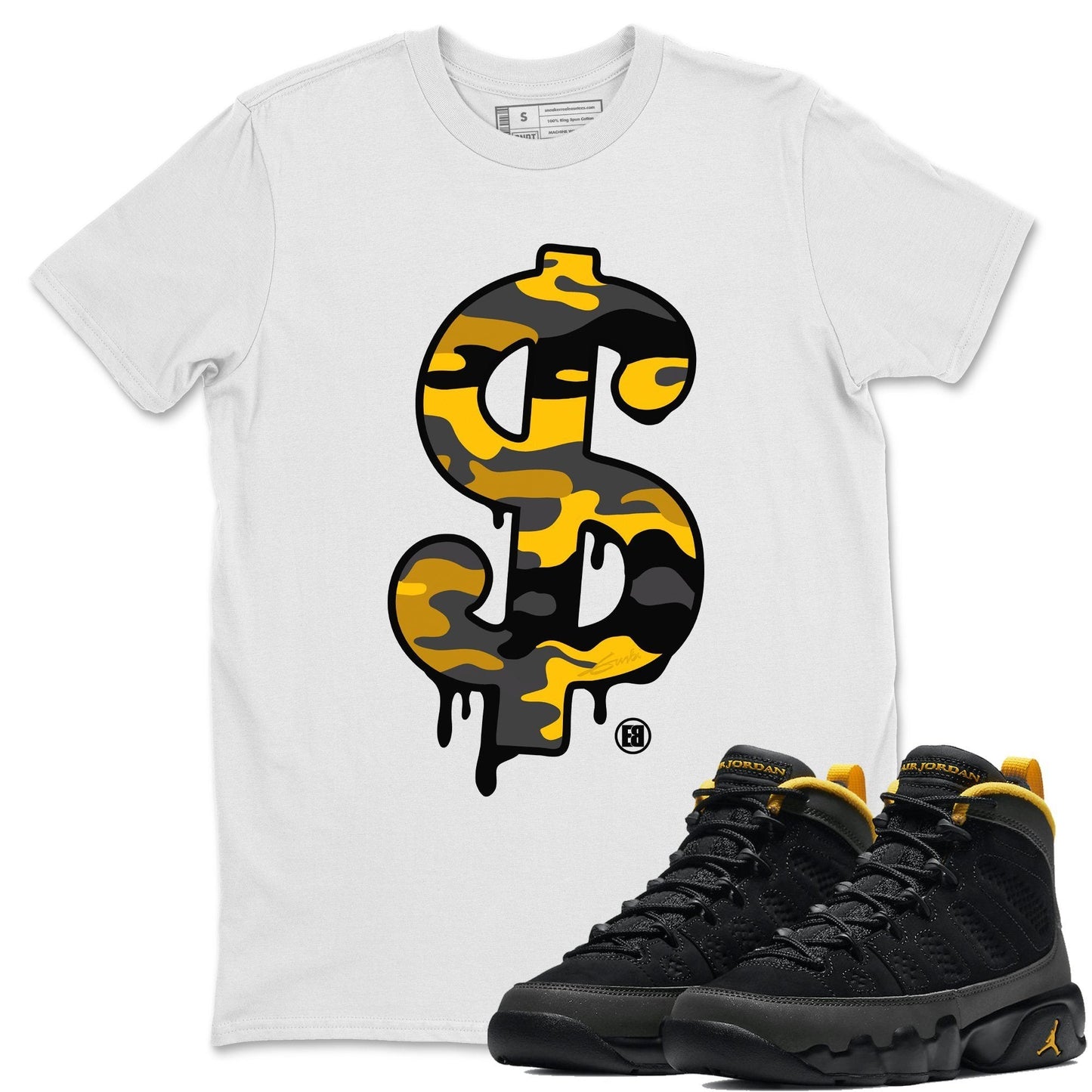 Jordan 9 University Gold Shirt To Match Jordans Dollar Camo Sneaker Tees Jordan 9 University Gold Drip Gear Zone Sneaker Matching Clothing Unisex Shirts