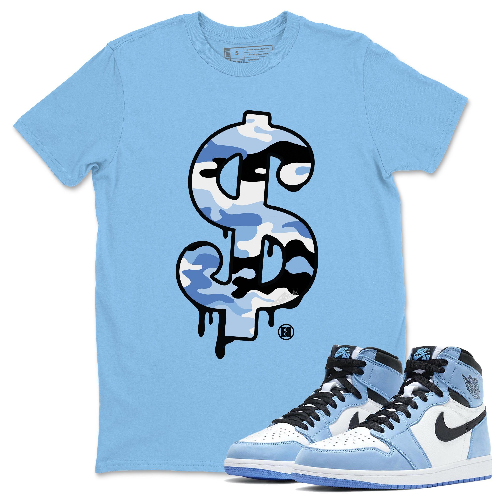 Jordan 1 University Blue Shirt To Match Jordans Dollar Camo Sneaker Tees Jordan 1 University Blue Drip Gear Zone Sneaker Matching Clothing Unisex Shirts