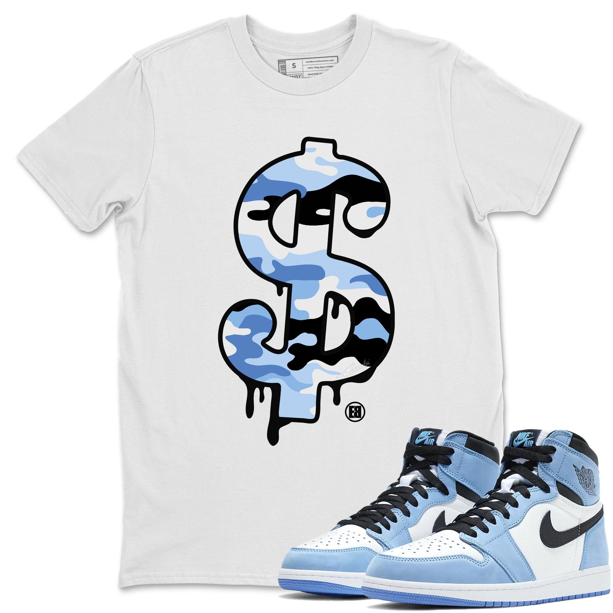 Jordan 1 University Blue Shirt To Match Jordans Dollar Camo Sneaker Tees Jordan 1 University Blue Drip Gear Zone Sneaker Matching Clothing Unisex Shirts