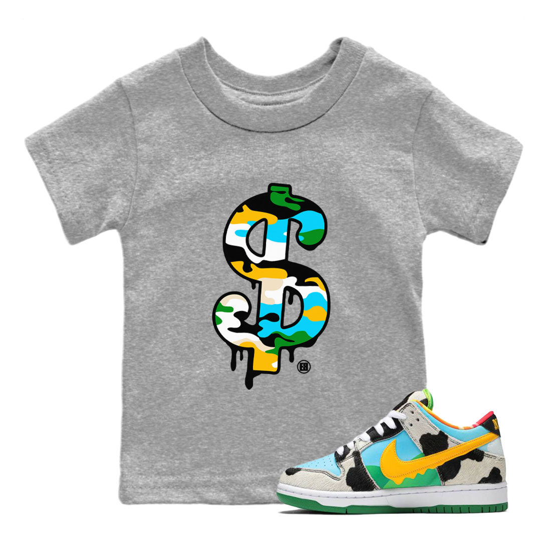 Dunk Chunky Dunky shirt to match jordans Dollar Camo Streetwear Sneaker Shirt Dunk Low Ben & Jerry's Chunky Dunky Drip Gear Zone Sneaker Matching Clothing Baby Toddler Heather Grey 1 T-Shirt