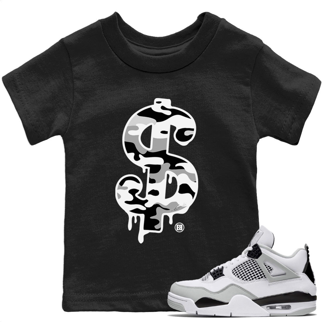 Jordan 4 Military Black Sneaker Matching T-Shirt Dollar Camo Sneaker Tees Jordan 4 Military Black Sneaker Release Tees Kids Shirts