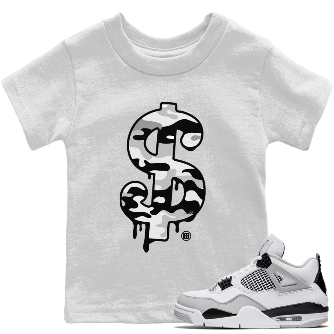 Jordan 4 Military Black Sneaker Matching T-Shirt Dollar Camo Sneaker Tees Jordan 4 Military Black Sneaker Release Tees Kids Shirts