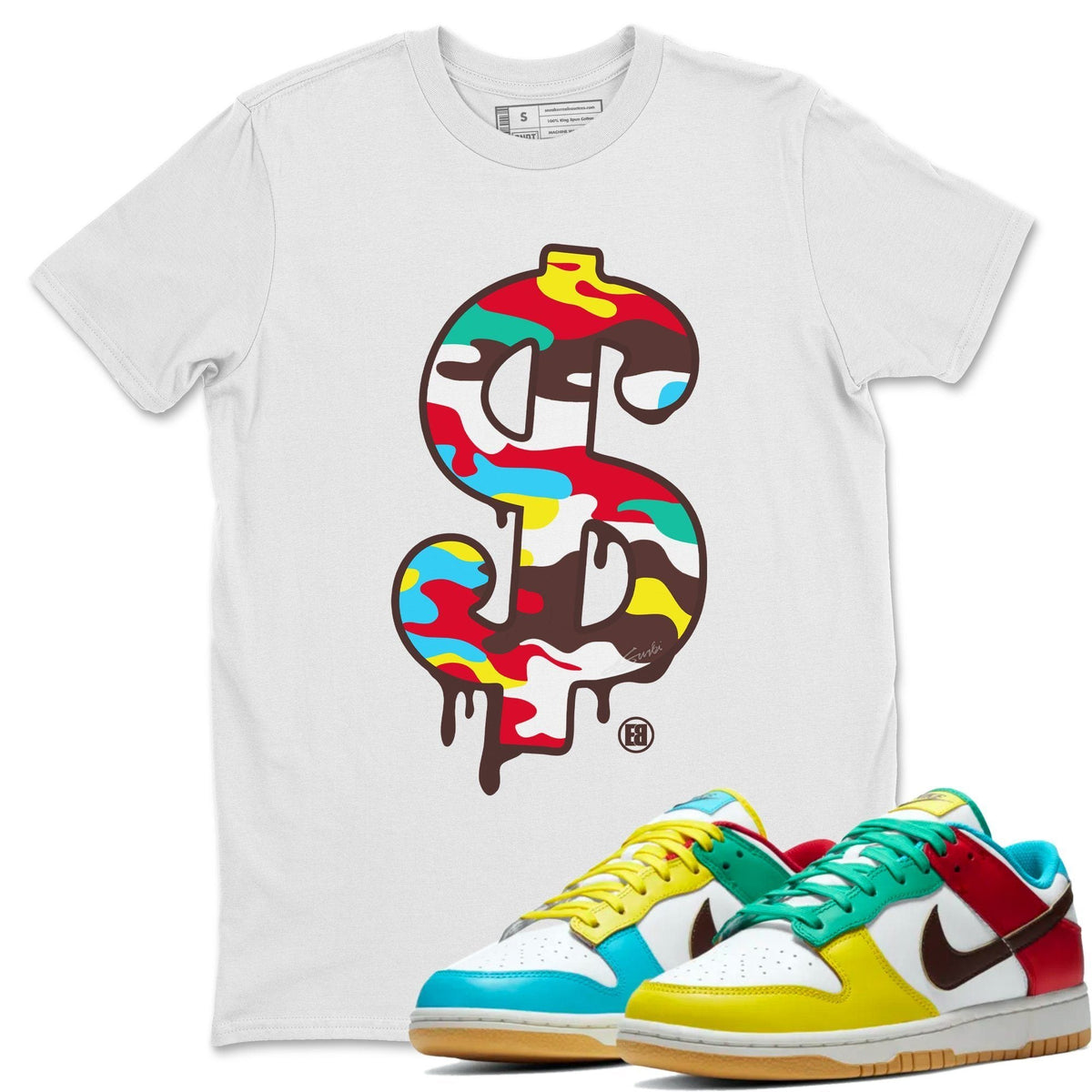 Dunk Free 99 White Sneaker Match Tees Dollar Camo Sneaker Tees Dunk Free 99 White Jordan to match sneaker T-Shirt Crew Neck Shirts