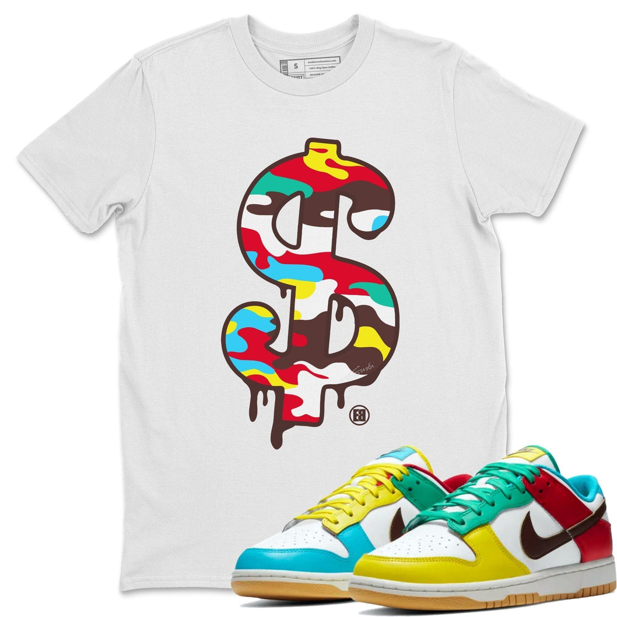 Dunk Free 99 White Sneaker Match Tees Dollar Camo Sneaker Tees Dunk Free 99 White Jordan to match sneaker T-Shirt Crew Neck Shirts