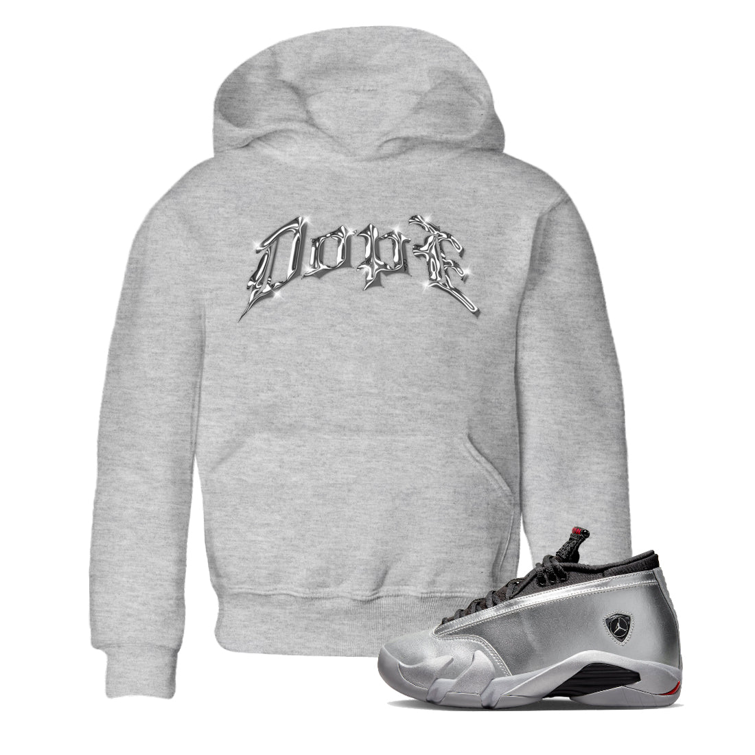 Air Jordan 14 Metallic Silver Sneaker Tees Drip Gear Zone Dope Sneaker Tees AJ14 Metallic Silver Shirt Kids Shirts Heather Grey 1