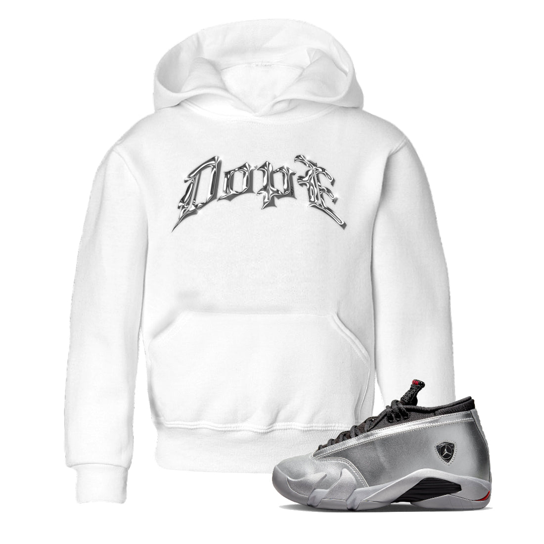 Air Jordan 14 Metallic Silver Sneaker Tees Drip Gear Zone Dope Sneaker Tees AJ14 Metallic Silver Shirt Kids Shirts White 1