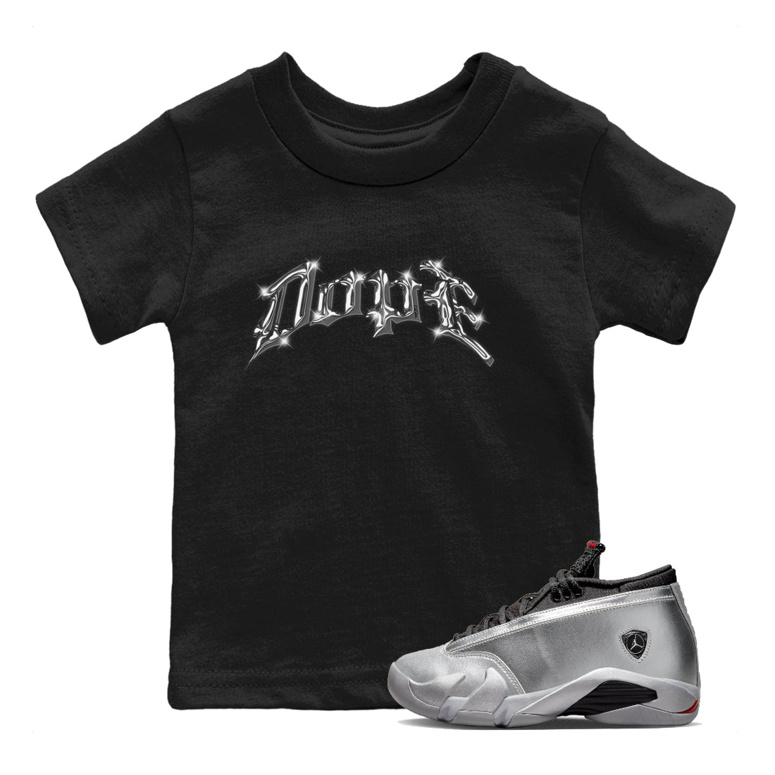 Air Jordan 14 Metallic Silver Sneaker Tees Drip Gear Zone Dope Sneaker Tees AJ14 Metallic Silver Shirt Kids Shirts Black 1