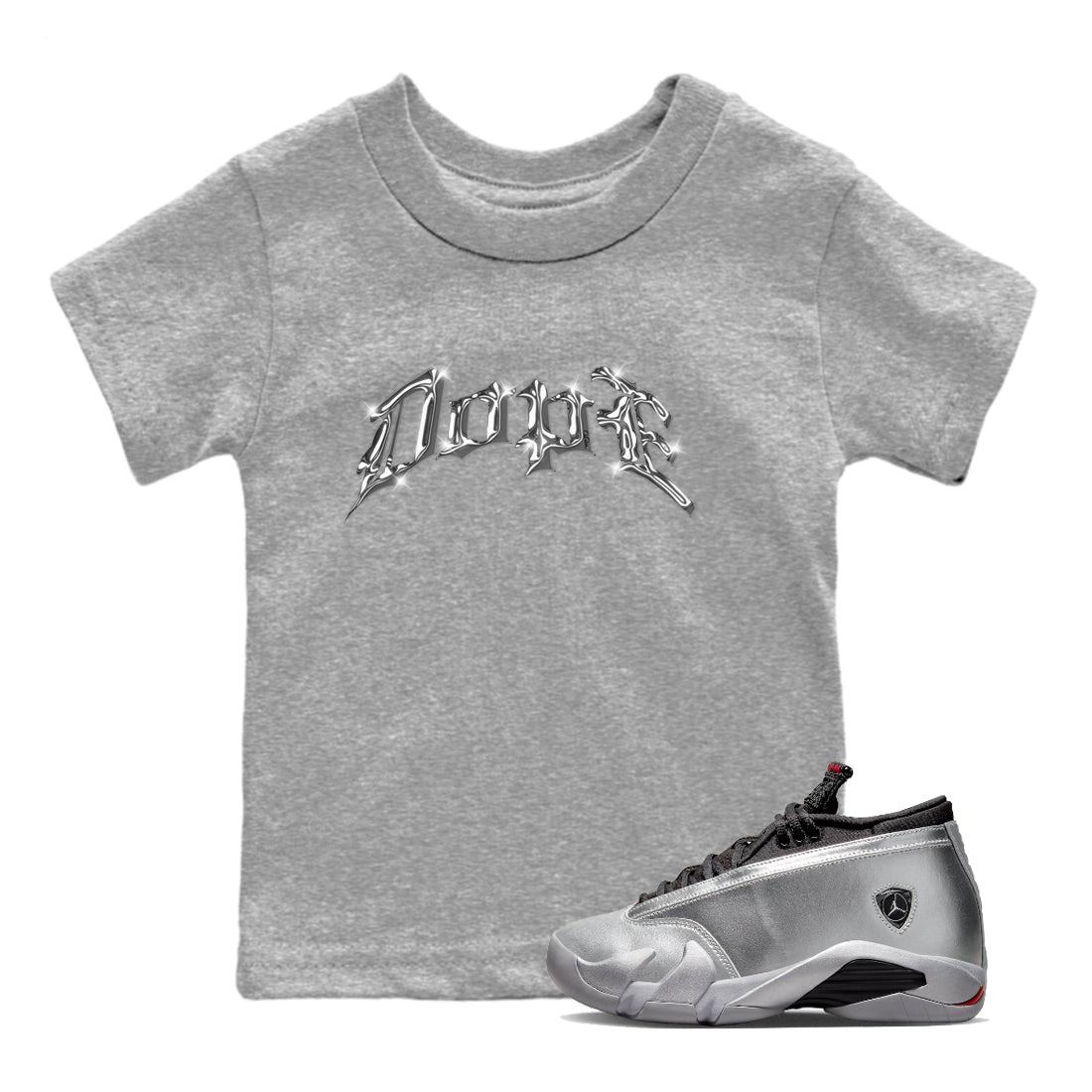 Air Jordan 14 Metallic Silver Dope Baby and Kids Sneaker Tees AJ14 Metallic Silver Kids Sneaker Tees Size Chart
