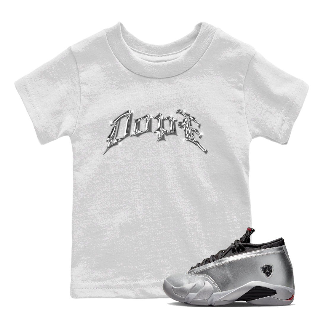 Air Jordan 14 Metallic Silver Sneaker Tees Drip Gear Zone Dope Sneaker Tees AJ14 Metallic Silver Shirt Kids Shirts White 1