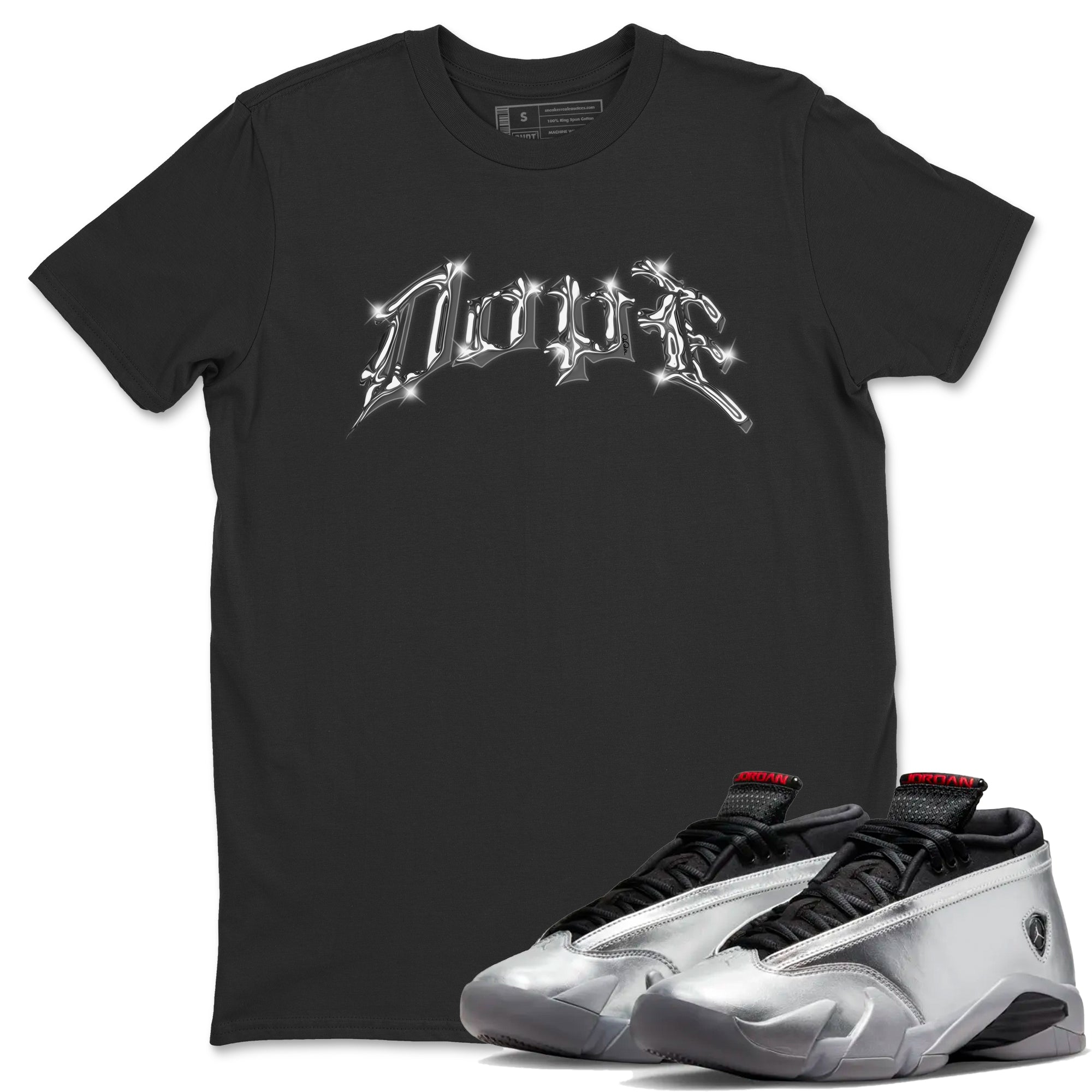 Air Jordan 14 Metallic Silver Sneaker Tees Drip Gear Zone Dope Sneaker Tees AJ14 Metallic Silver Shirt Unisex Shirts Black 1