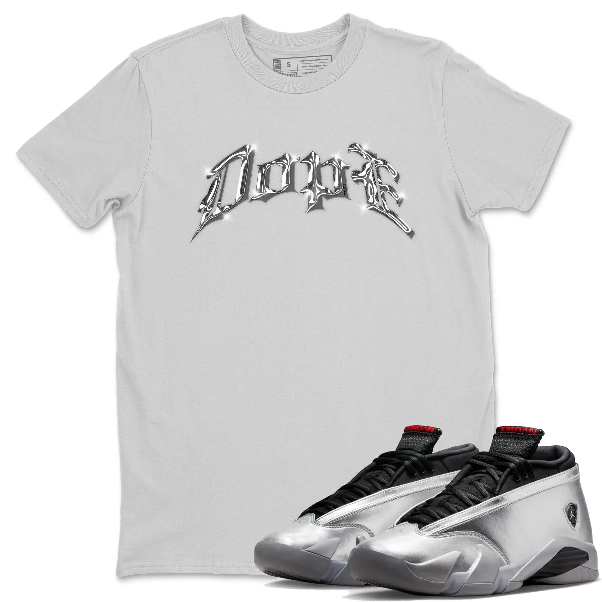 Air Jordan 14 Metallic Silver Dope Crew Neck Sneaker Tees AJ14 Metallic Silver Sneaker T-Shirts Washing and Care Tip