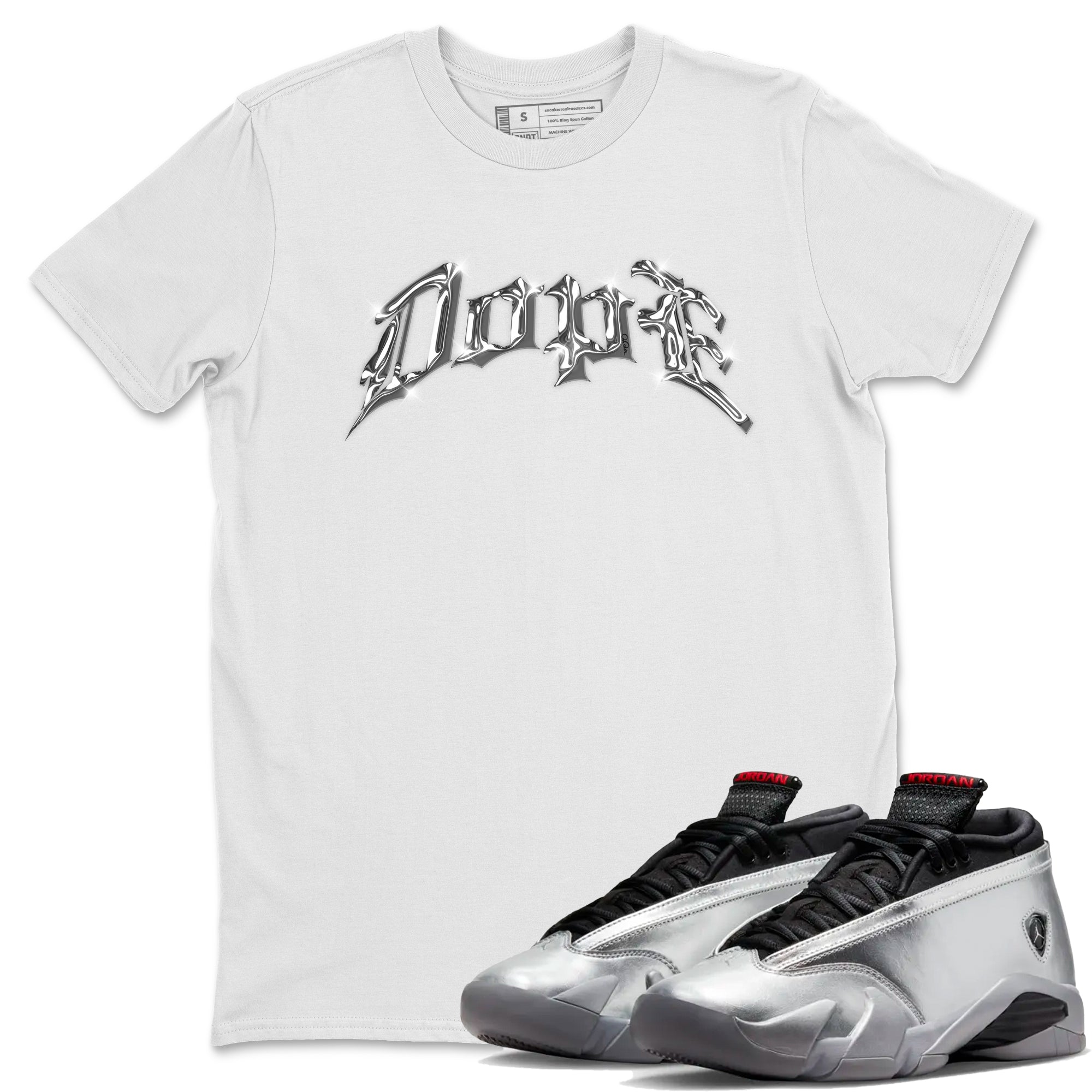 Air Jordan 14 Metallic Silver Sneaker Tees Drip Gear Zone Dope Sneaker Tees AJ14 Metallic Silver Shirt Unisex Shirts White 1