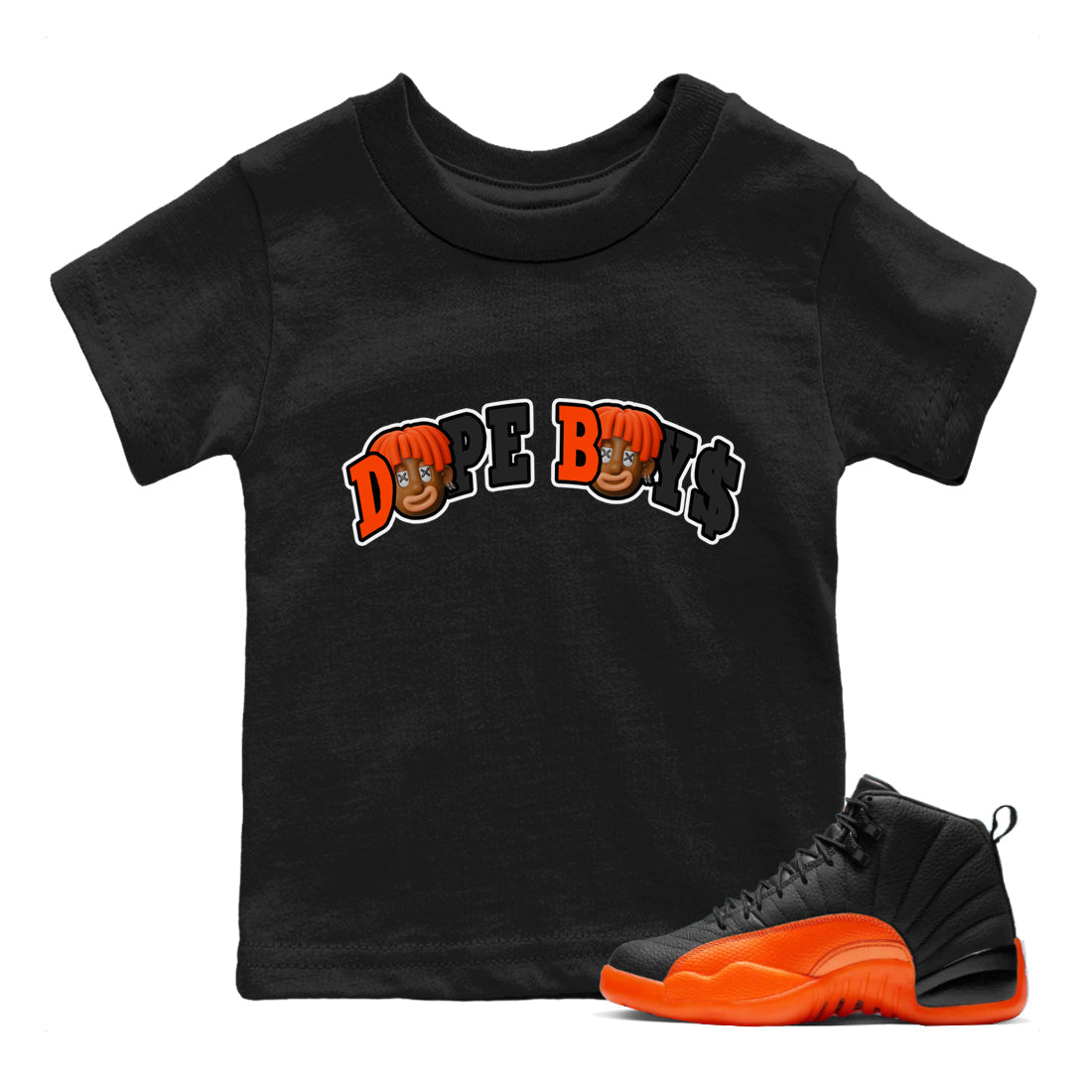 Air Jordan 12 Brilliant Orange Sneaker Match Tees Dope Boys Sneaker Tees AJ12 Brilliant Orange Sneaker Release Tees Kids Shirts Black 1