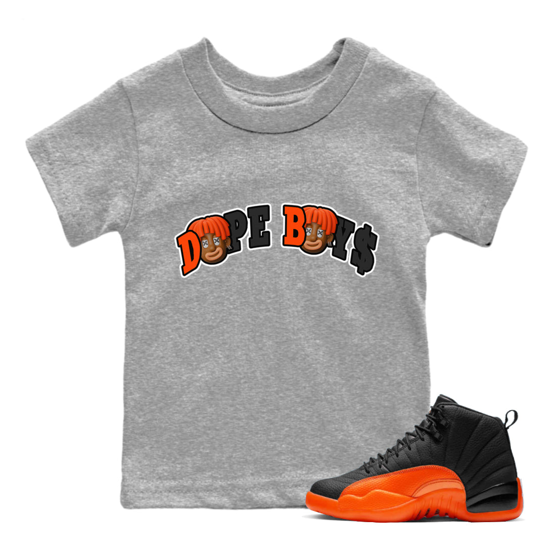 Air Jordan 12 Brilliant Orange Sneaker Match Tees Dope Boys Sneaker Tees AJ12 Brilliant Orange Sneaker Release Tees Kids Shirts Heather Grey 1