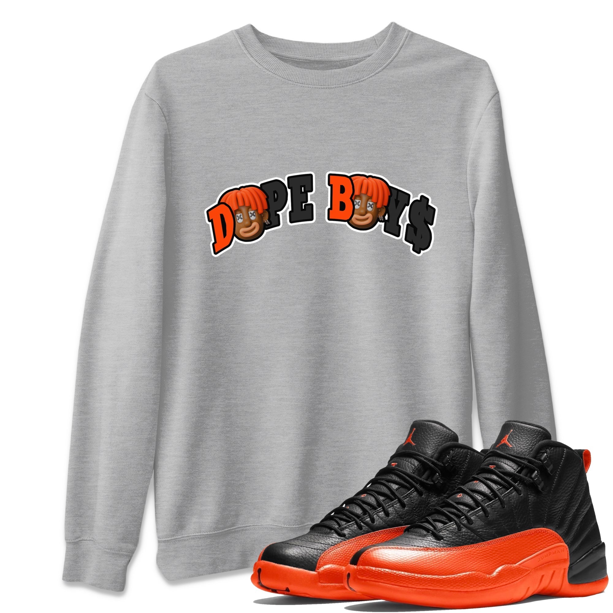 Air Jordan 12 Brilliant Orange Sneaker Match Tees Dope Boys Sneaker Tees AJ12 Brilliant Orange Sneaker Release Tees Unisex Shirts Heather Grey 1