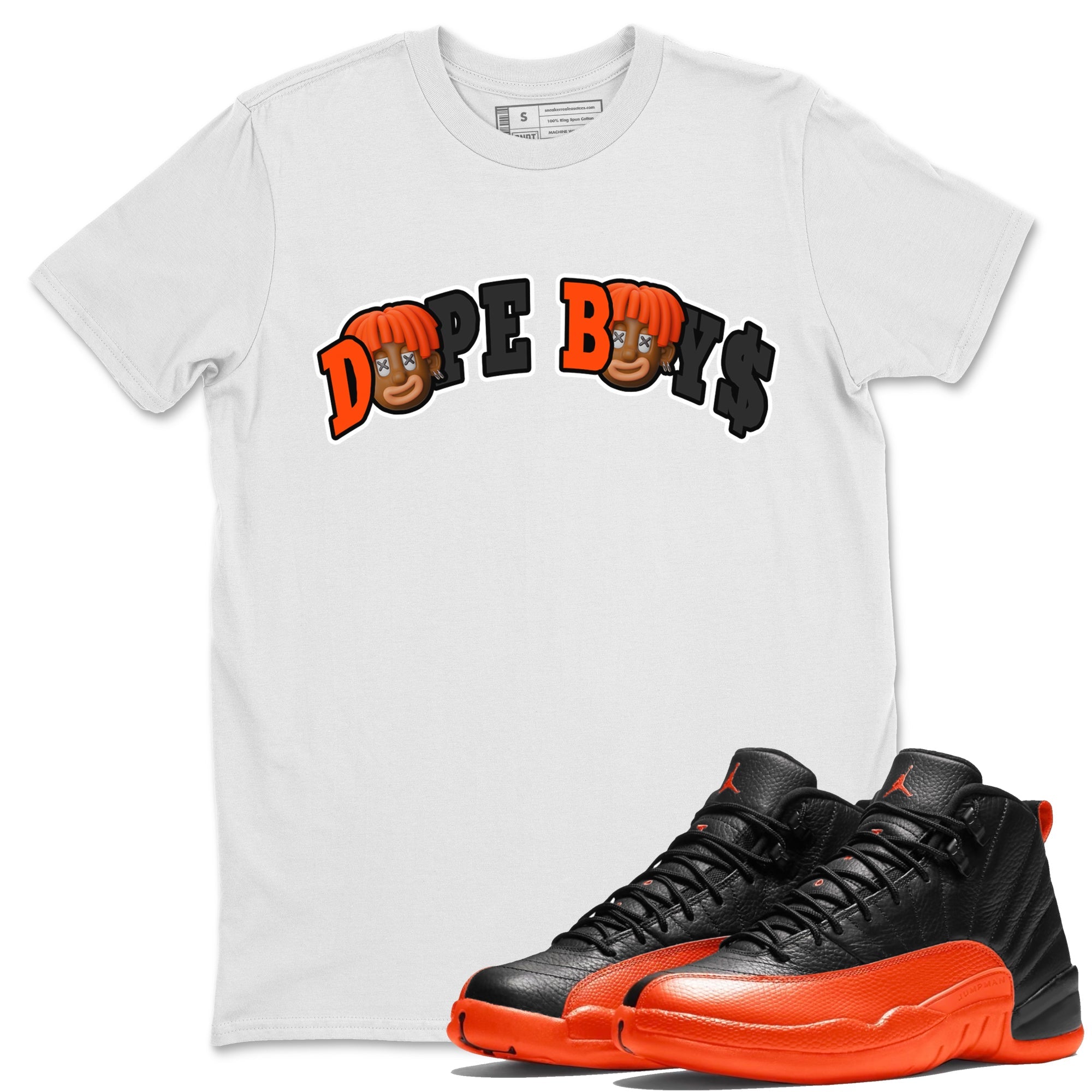 Air Jordan 12 Brilliant Orange Sneaker Match Tees Dope Boys Sneaker Tees AJ12 Brilliant Orange Sneaker Release Tees Unisex Shirts White 1