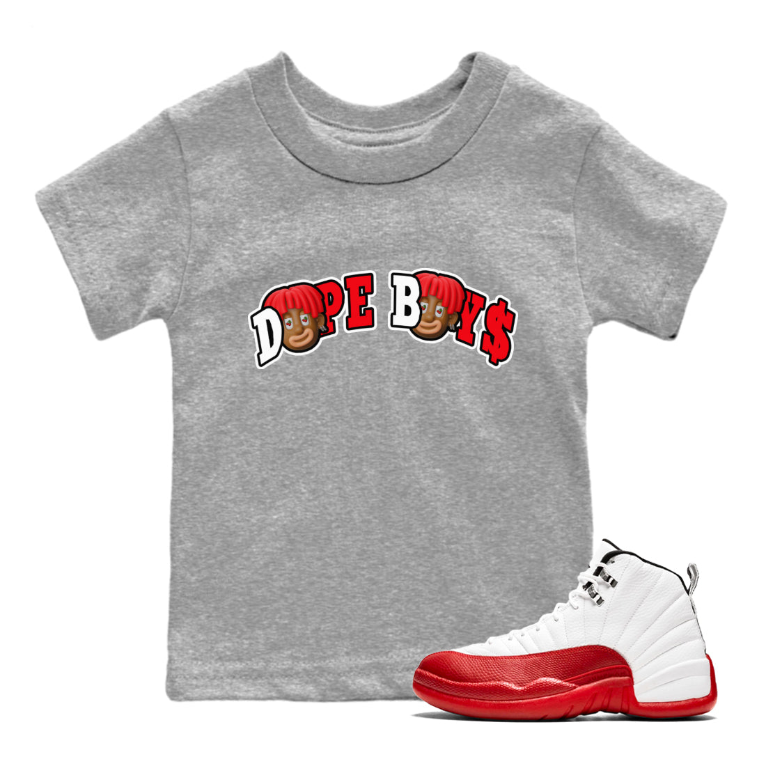 Air Jordan 12 Cherry Sneaker Match Tees Dope Boys Streetwear Sneaker Shirt AJ12 Cherry Sneaker Release Tees Kids Shirts Heather Grey 1