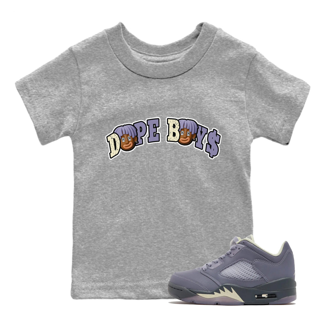Air Jordan 5 Indigo Haze Sneaker Match Tees Dope Boys Sneaker Tees AJ5 Indigo Haze Sneaker Release Tees Kids Shirts Heather Grey 1