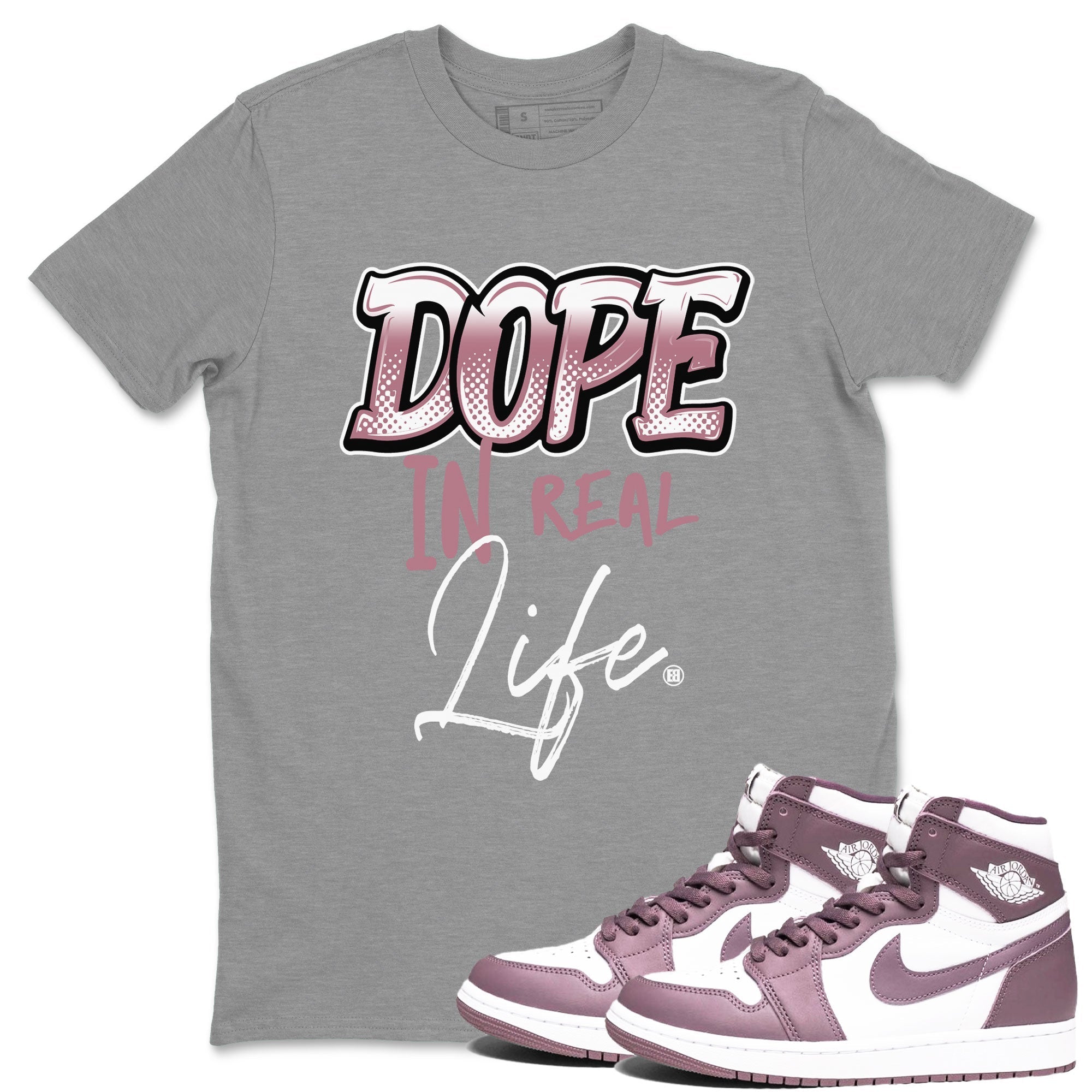 Air Jordan 1 High OG WMNS Mauve shirt to match jordans Dope In Real Life crew neck streetwear t-shirt Air Jordan 1 Mauve Drip Gear Zone Unisex Heather Grey 1 Sneaker Matching Tee
