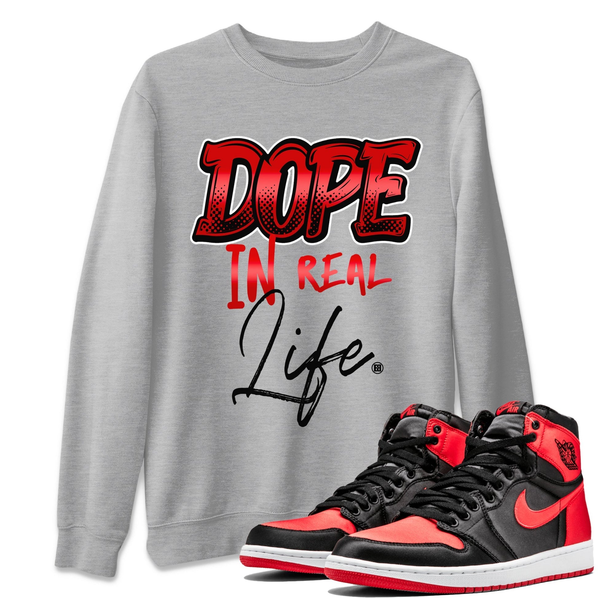 Air Jordan 1 Satin Bred Sneaker Match Tees Dope In Real Life Sneaker Tees Jordan 1 High OG Satin Bred Sneaker Release Tees Unisex Shirts Heather Grey 1